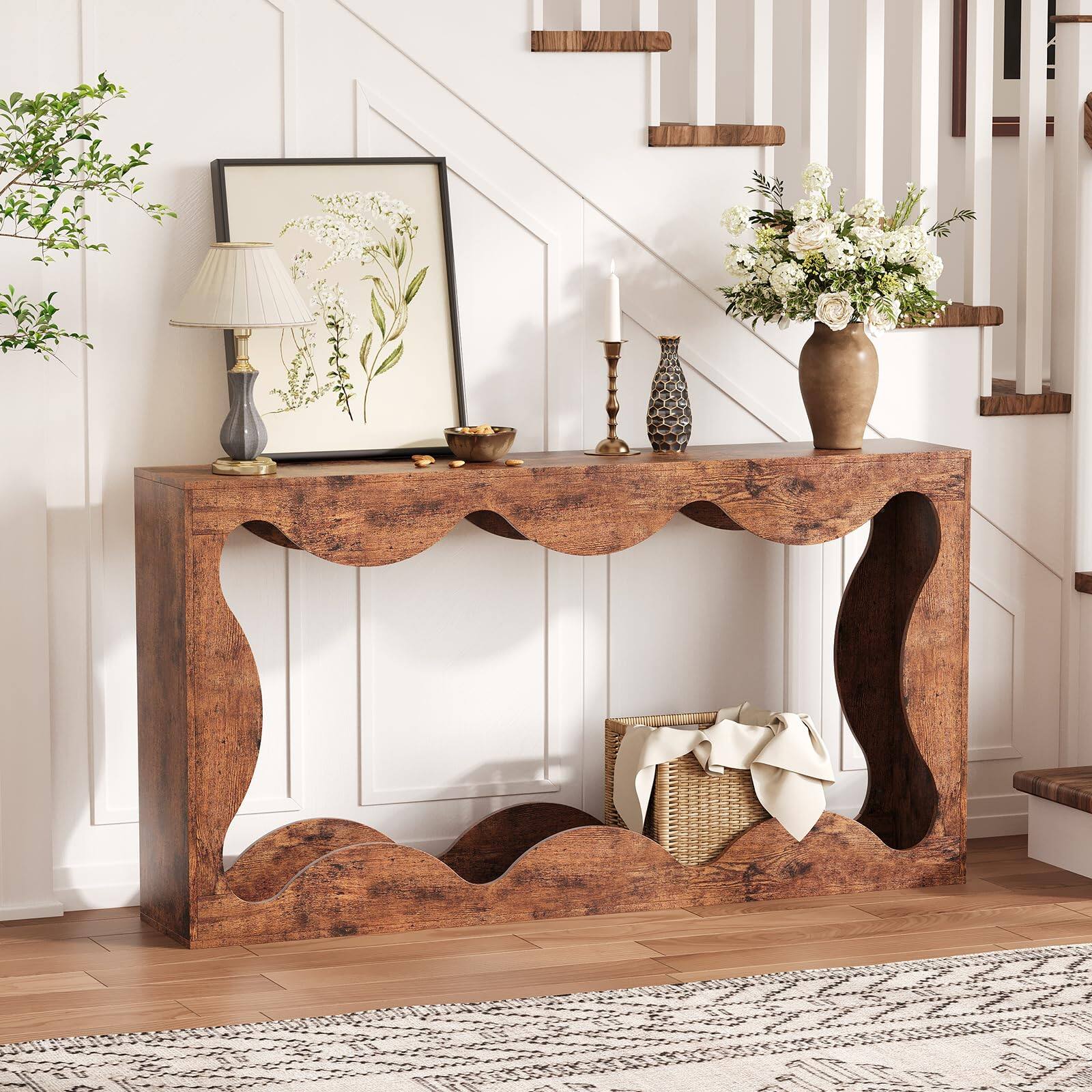 Alt View 1. Qeetex - 63" Farmhouse Console Table with Scalloped Design, Narrow Entryway Sofa Table with Storage for Hallway - Brown.