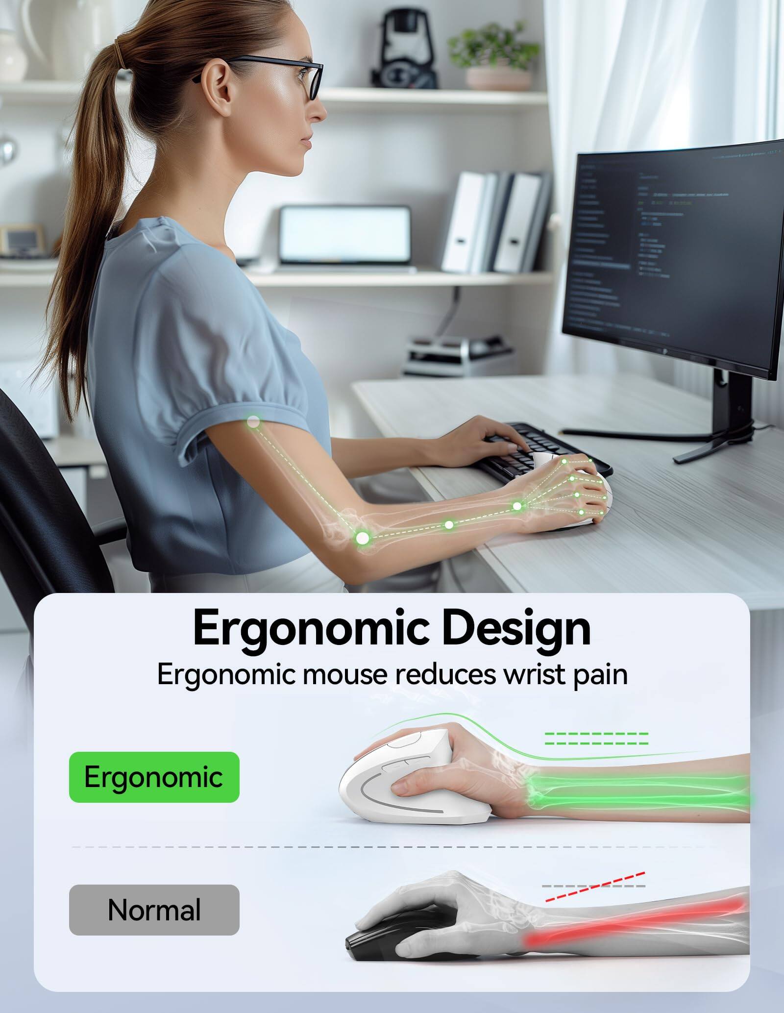 Ergonomic Design  
Ergonomic mouse reduces wrist pain  

Ergonomic  
Normal