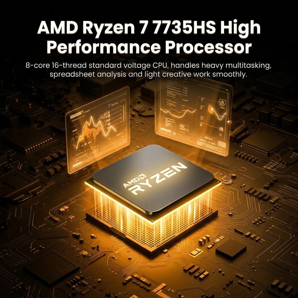 AMD Ryzen 7 7735HS High Performance Processor  
8-core 16-thread standard voltage CPU, handles heavy multitasking, spreadsheet analysis and light creative work smoothly.