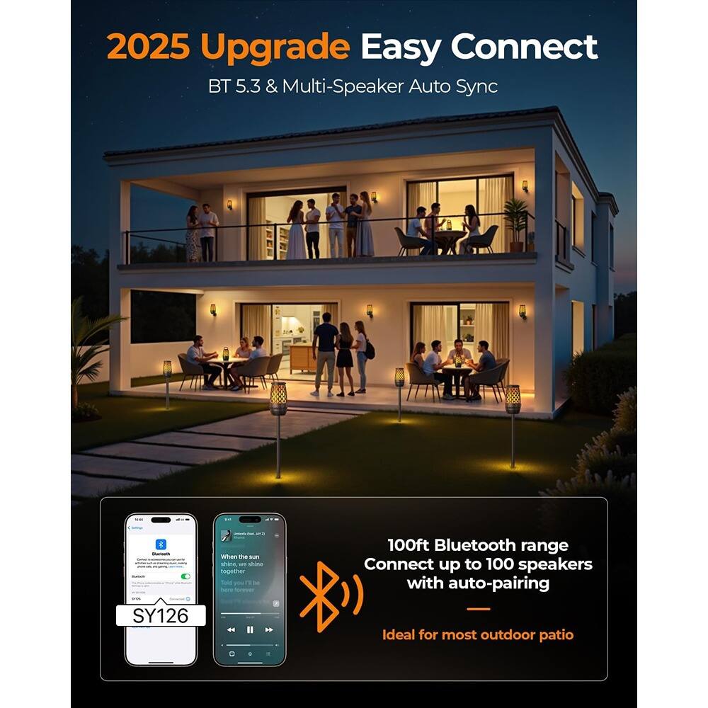 2025 Upgrade Easy Connect  
BT 5.3 & Multi-Speaker Auto Sync  

100ft Bluetooth range  
Connect up to 100 speakers with auto-pairing  
Ideal for most outdoor patio  

SY126  

When the sun shines we shine together  
I'll be here forever