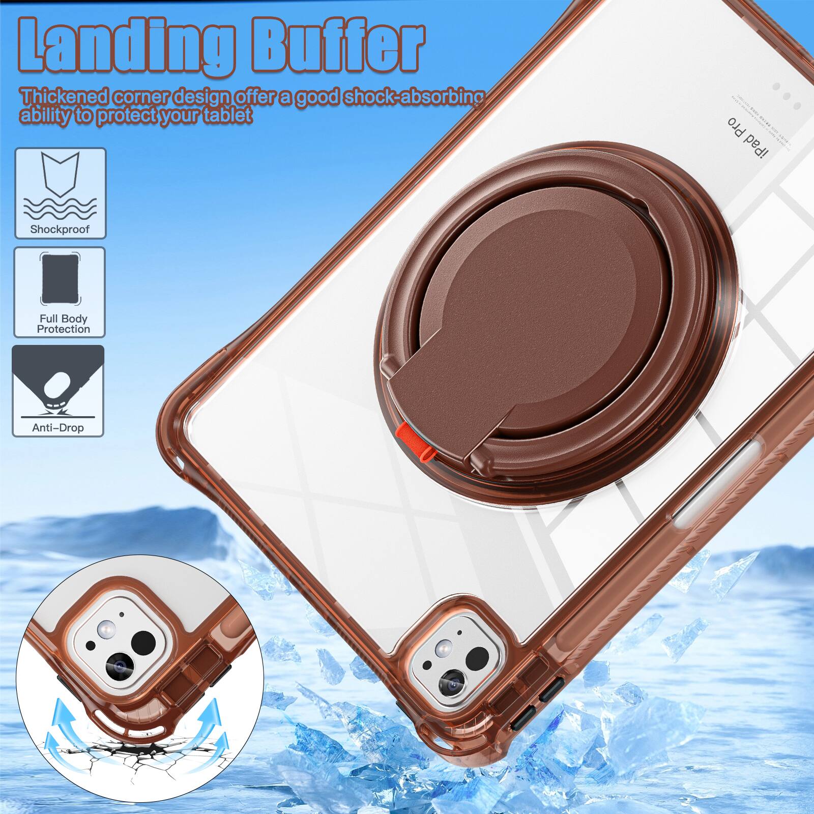 Landing Buffer  
Thickened corner design offers a good shock-absorbing ability to protect your tablet  

- Shockproof  
- Full Body Protection  
- Anti-Drop  

iPad Shockproof Full Body Protection Anti-Drop