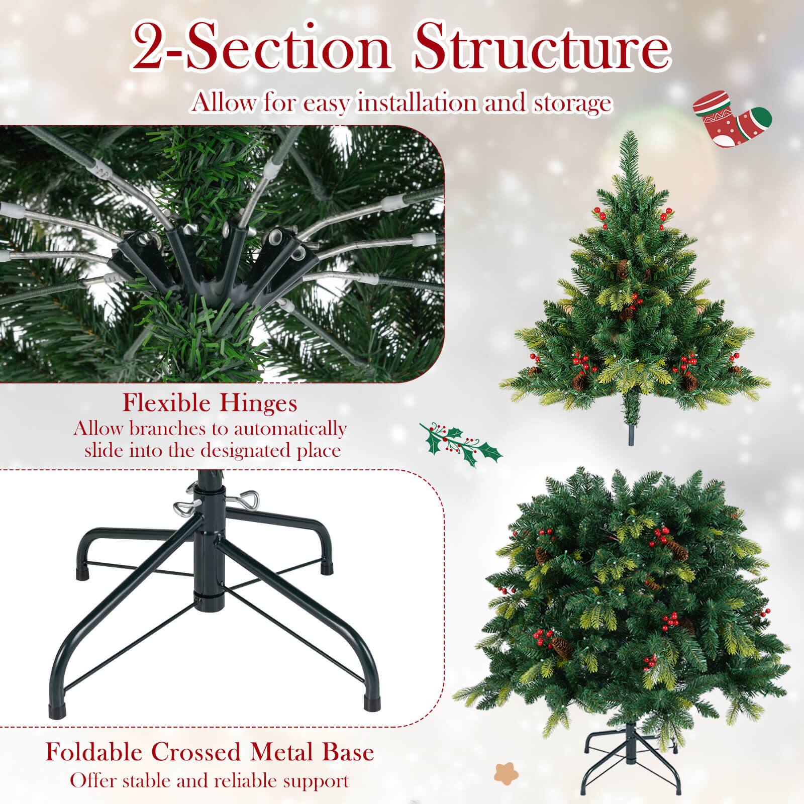 2-Section Structure  
Allow for easy installation and storage  

Flexible Hinges  
Allow branches to automatically slide into the designated place  

Foldable Crossed Metal Base  
Offer stable and reliable support