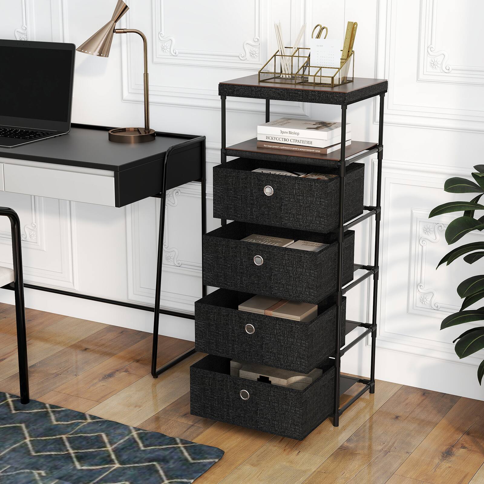 Alt View 1. Gymax - Gymax 4-Drawer Dresser w/ Shelf w/ Fabric Bins Industrial Storage Tower Unit - Black.