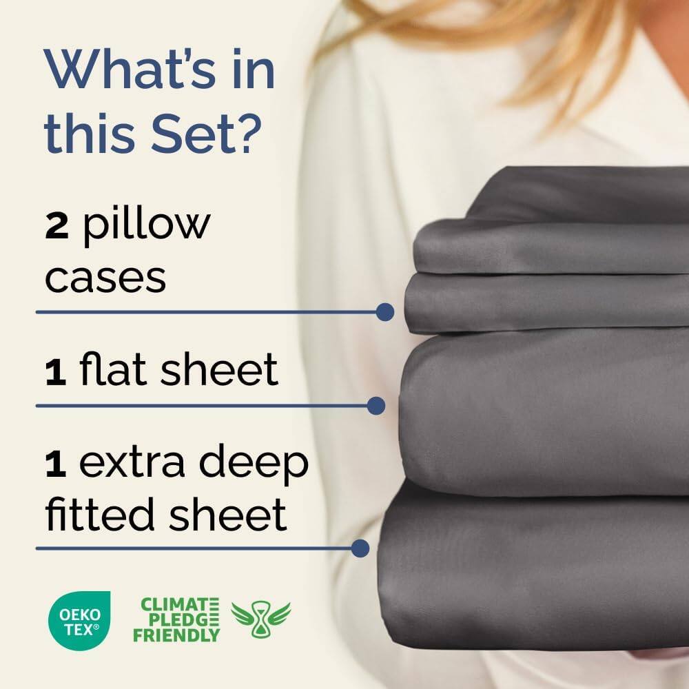 What's in this Set?

2 pillow cases

1 flat sheet

1 extra deep fitted sheet

CLIMATE PLEDGE FRIENDLY

OEKO TEX