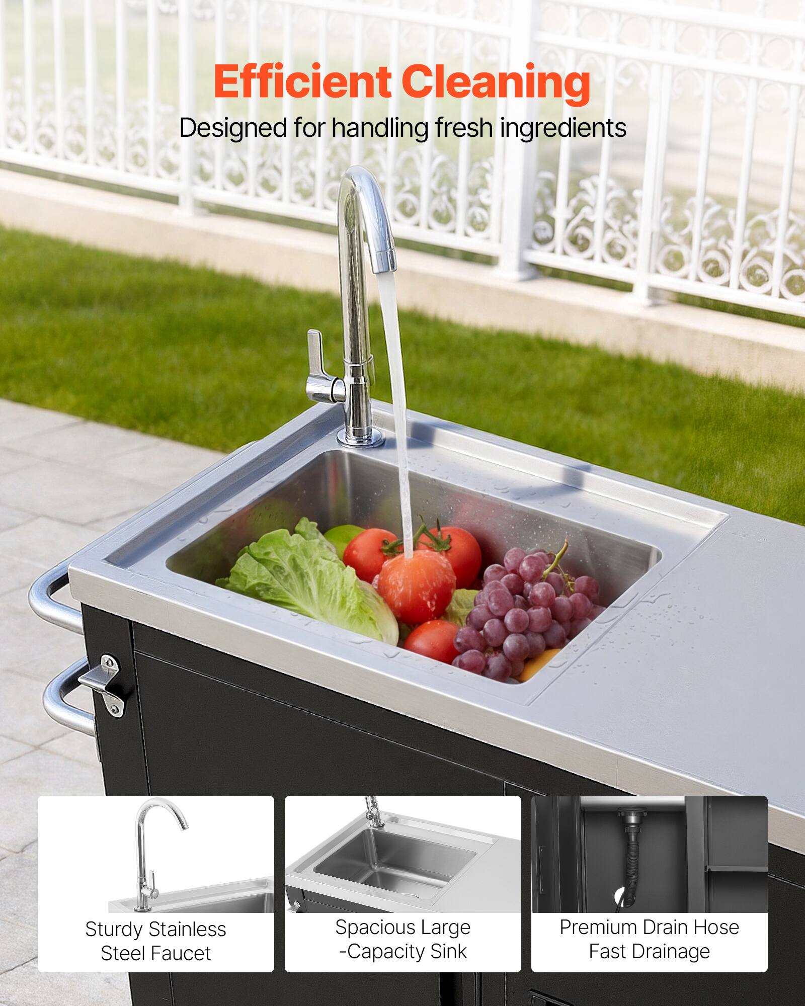 Efficient Cleaning  
Designed for handling fresh ingredients  

Sturdy Stainless Steel Faucet  
Spacious Large-Capacity Sink  
Premium Drain Hose Fast Drainage