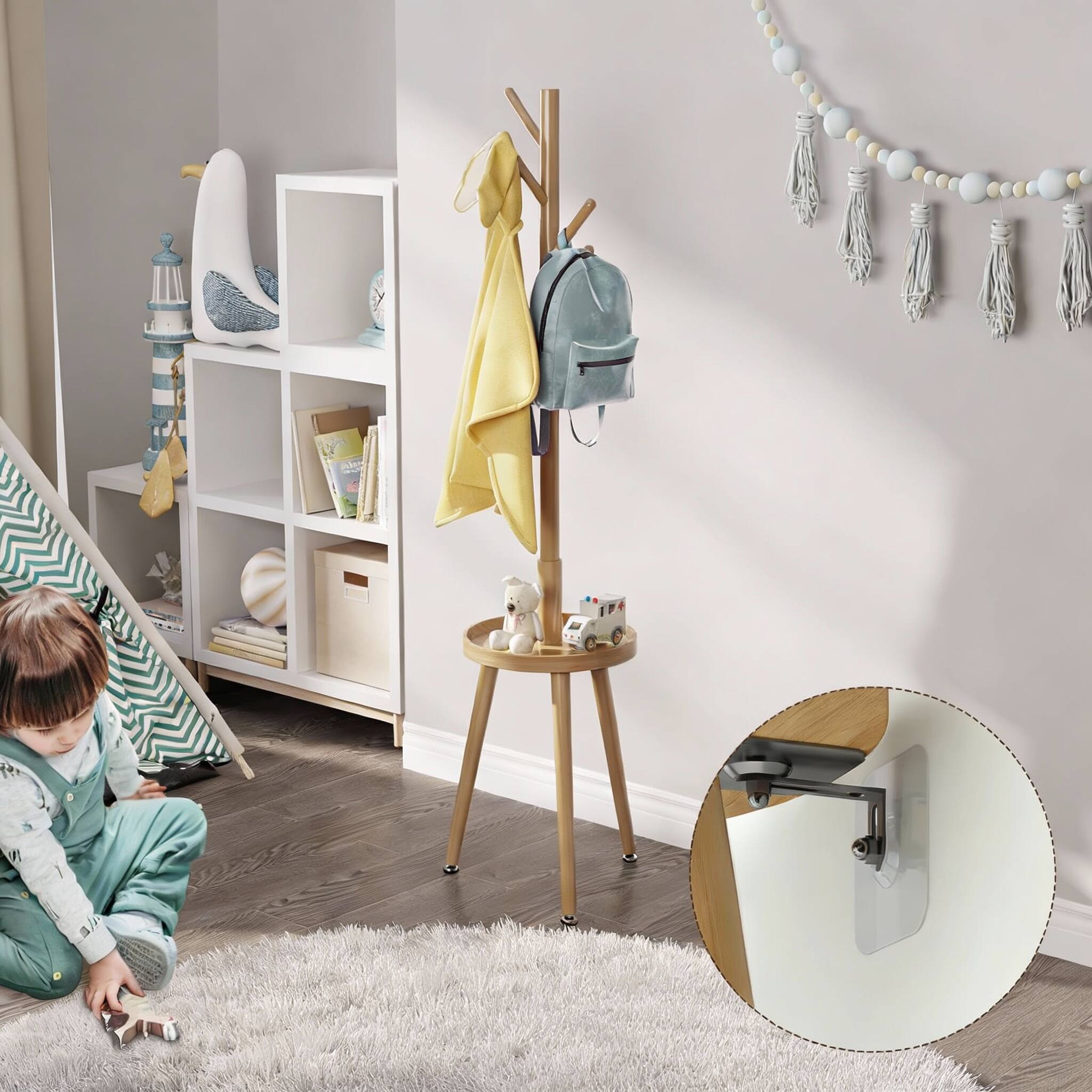 Alt View 2. Frangdom - Solid Wood Coat Rack 8 Hooks Tray 4 Heights Anti-Tip - Gray 13"D x 13"W x 74"H.