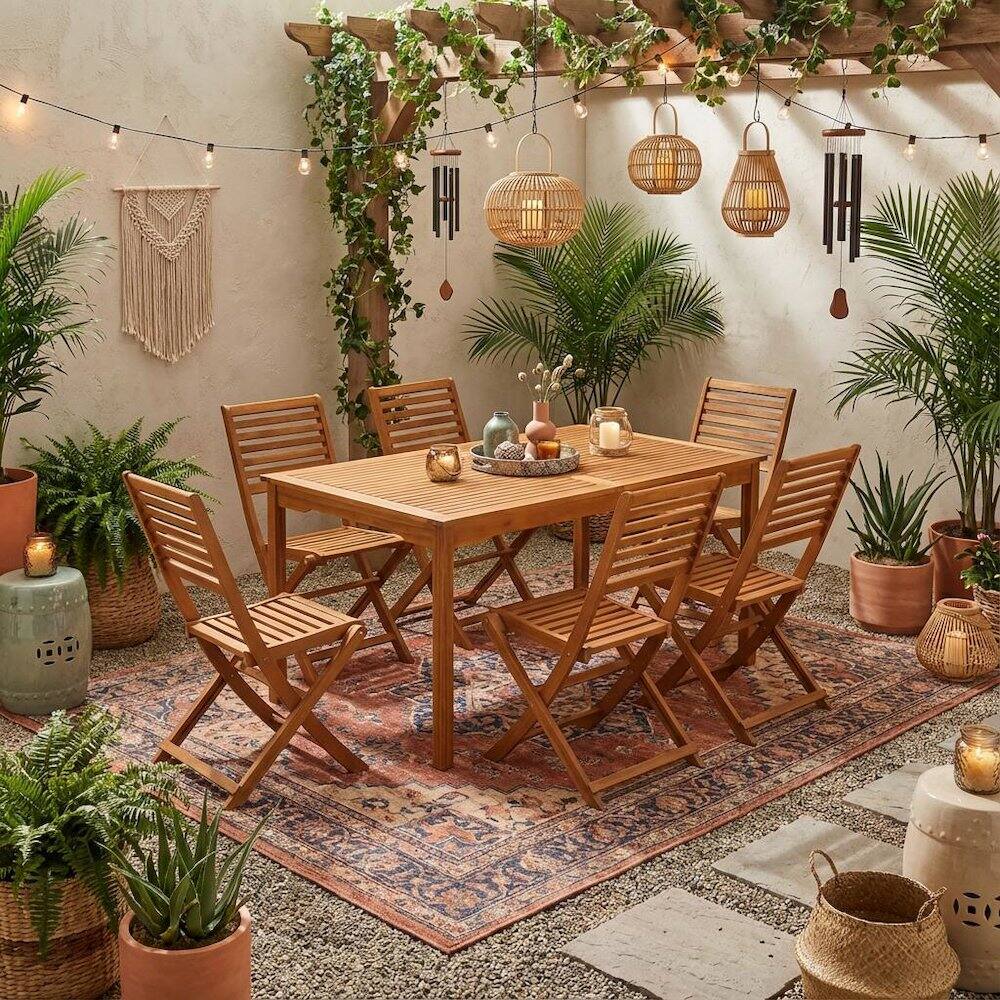 Alt View 3. Outdoor Escape - Wooden Patio Set with Oil Finish, Dining Table and 6 Outdoor Side Chairs - Brown.