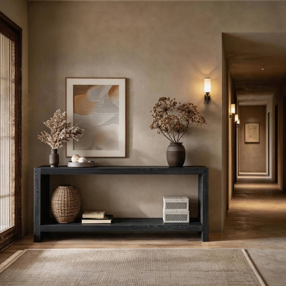 Left. Loheer - Loheer 63 inch farmhouse console table, 2 tier rustic entryway table with wood veneer, black - Black.