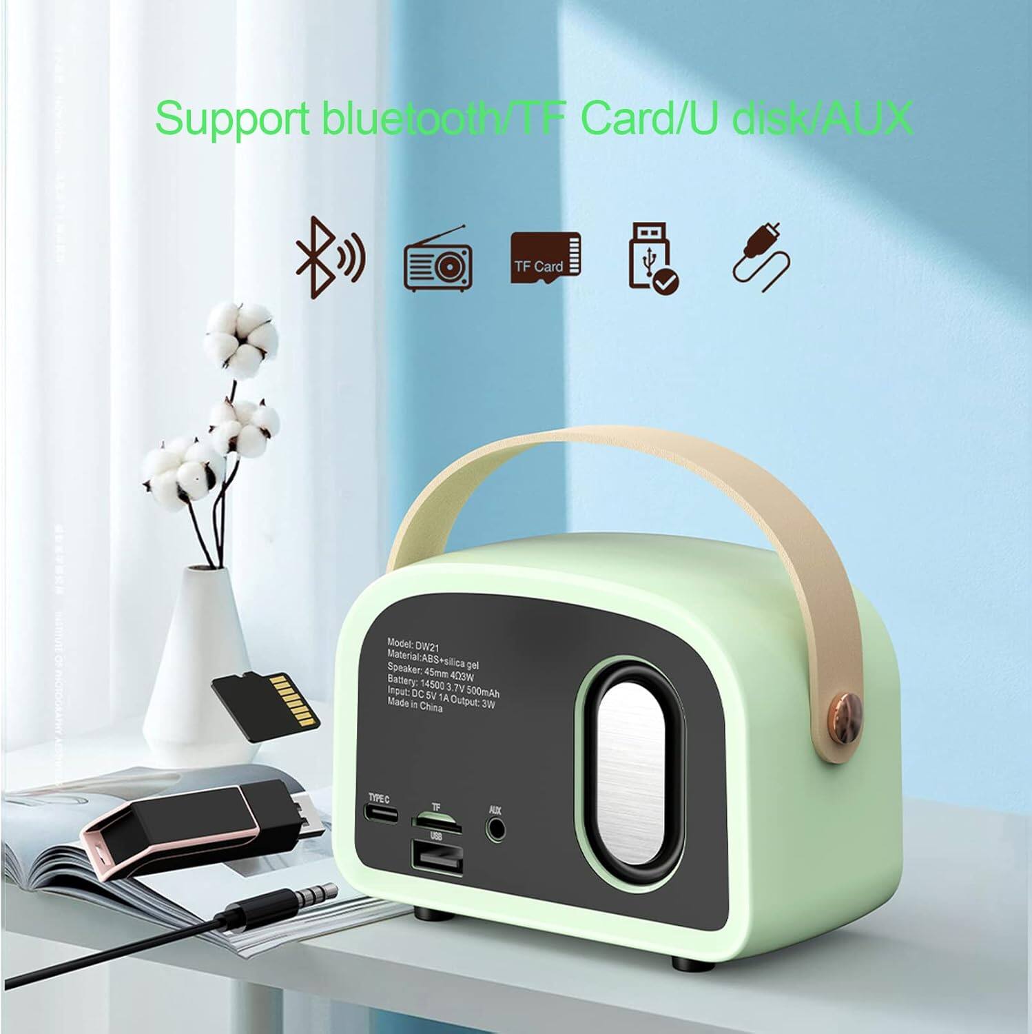 Support bluetooth/TF Card/U disk/AUX

Model: DW21  
Material: ABS+silica gel  
Speaker: 45mm 400W  
Battery: 14500 1.7V 500mAh  
Input: DC 5V 1A  
Output: 3W  
Made in China