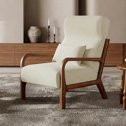 Front. Bestier - Corduroy Armchair with Heightened Headrest and Removable Armrest - White.