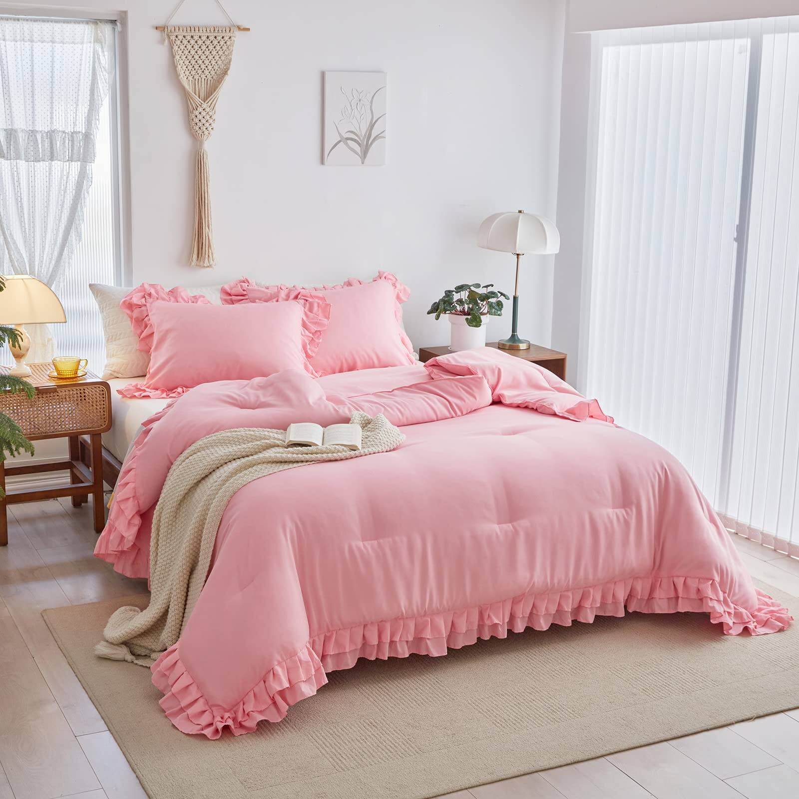 Left. Cedar Assembly - Ruffled Comforter Set Size 3 Pieces 1 And 2 Pillowcases Farmhouse Shabby Chic Style With Layers Ruffle - Pink-Twin (1 Comforter + 2 Pillow Shams).