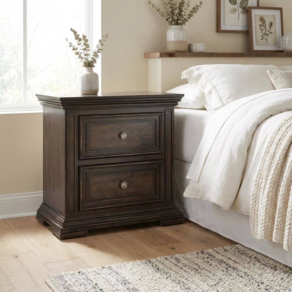 Alt View 2. Starlight Canyon Home - Brown Nightstand with Two Drawers and Charging Station for Bedroom Storage - Brown.