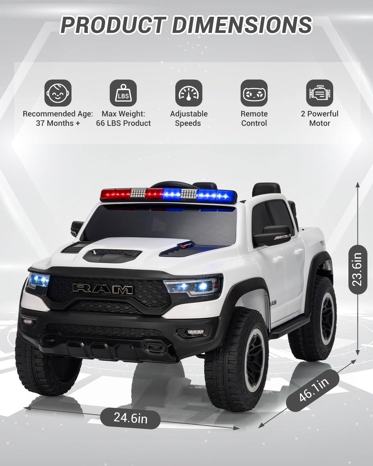 PRODUCT DIMENSIONS

- Recommended Age: 37 Months +
- Max Weight: 66 LBS
- Adjustable Speeds
- Remote Control
- 2 Powerful Motor

Dimensions:
- 23.6in
- 24.6in
- 46.1in