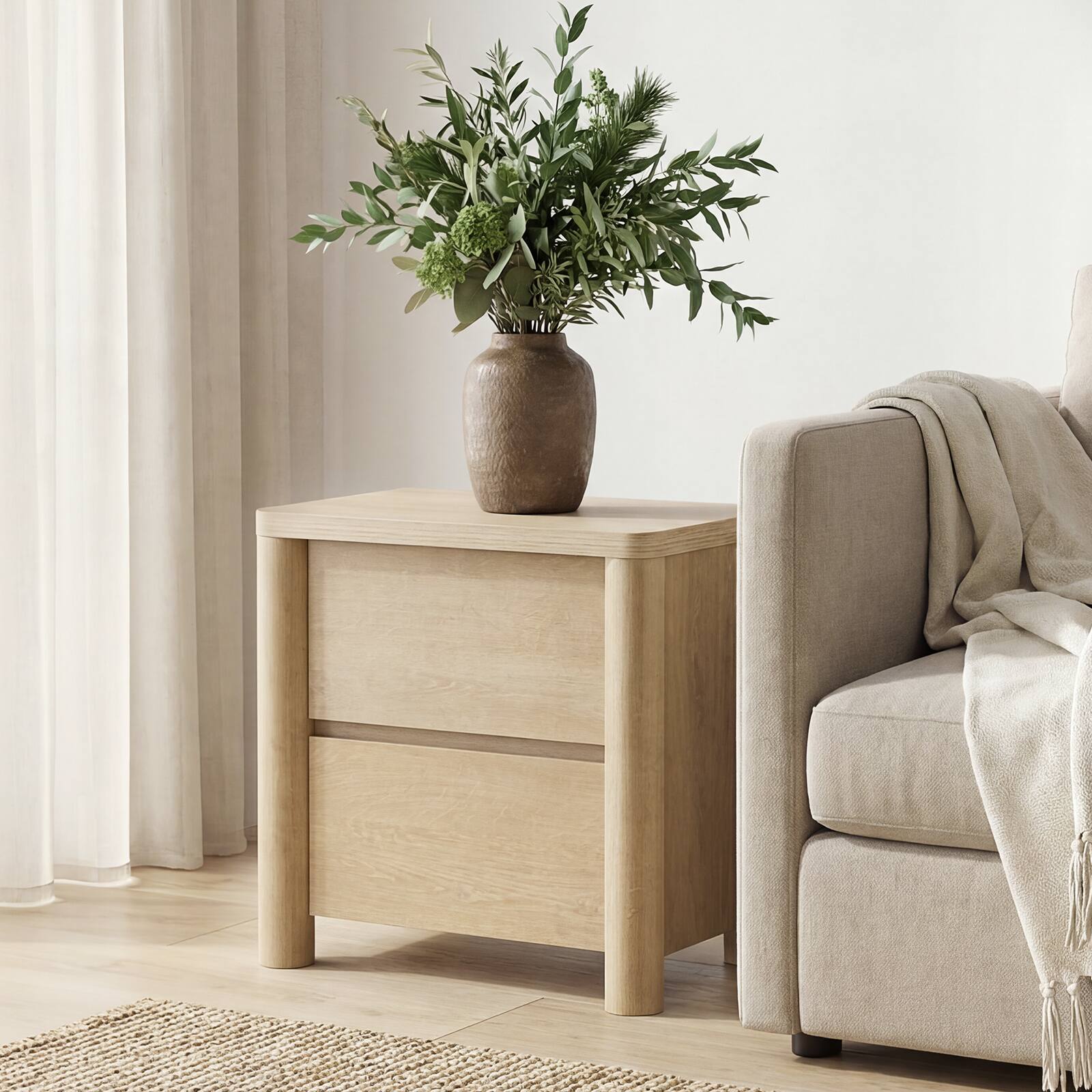 Alt View 2. ModernMate - Nightstand with 2 Drawers Curved Modern 25.6"W Nightstand End Table for Bedroom Living Room - Natural Oak.