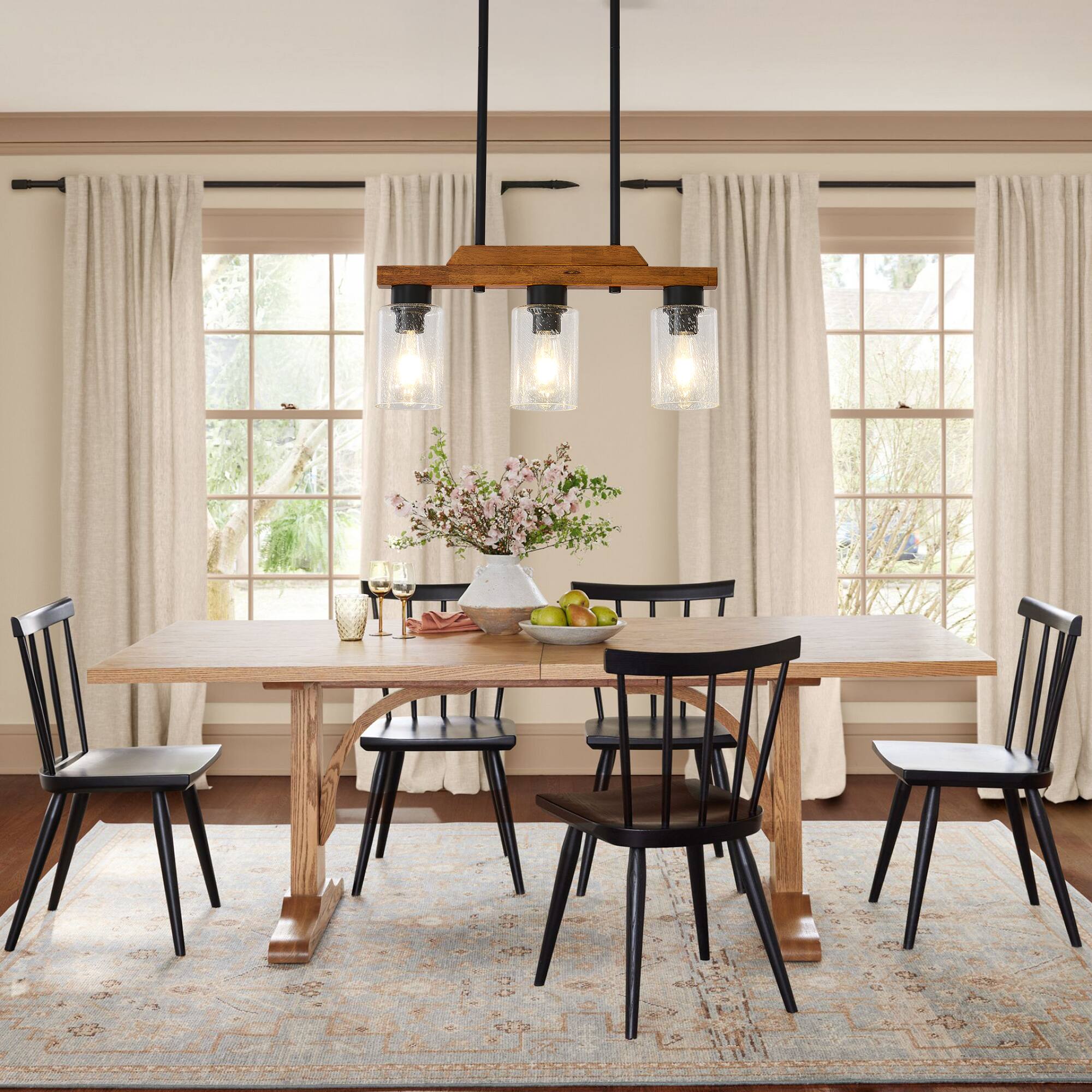 Angle. RYHNUYNE - 3-Light Rustic Chandelier 20 Inch Wood Linear Pendant Light with Seed Glass Shades Adjustable Farmhouse Island Lighting.