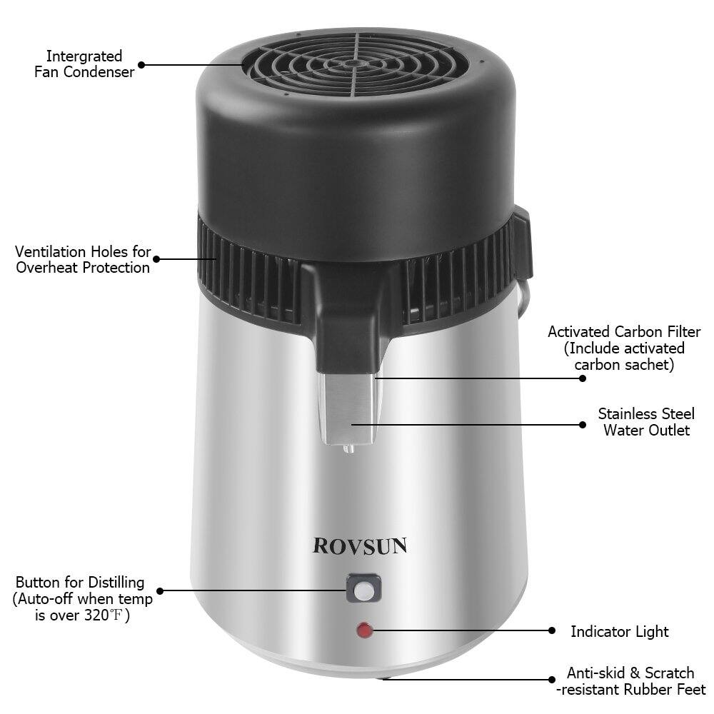 Integrated Fan Condenser Ventilation Holes for Overheat Protection Activated Carbon Filter (Include activated carbon sachet) Stainless Steel Water Outlet ROVSUN Button for Distilling (Auto-off when temp is over 320F) Indicator Light Anti-skid & Scratch-resistant Rubber Feet