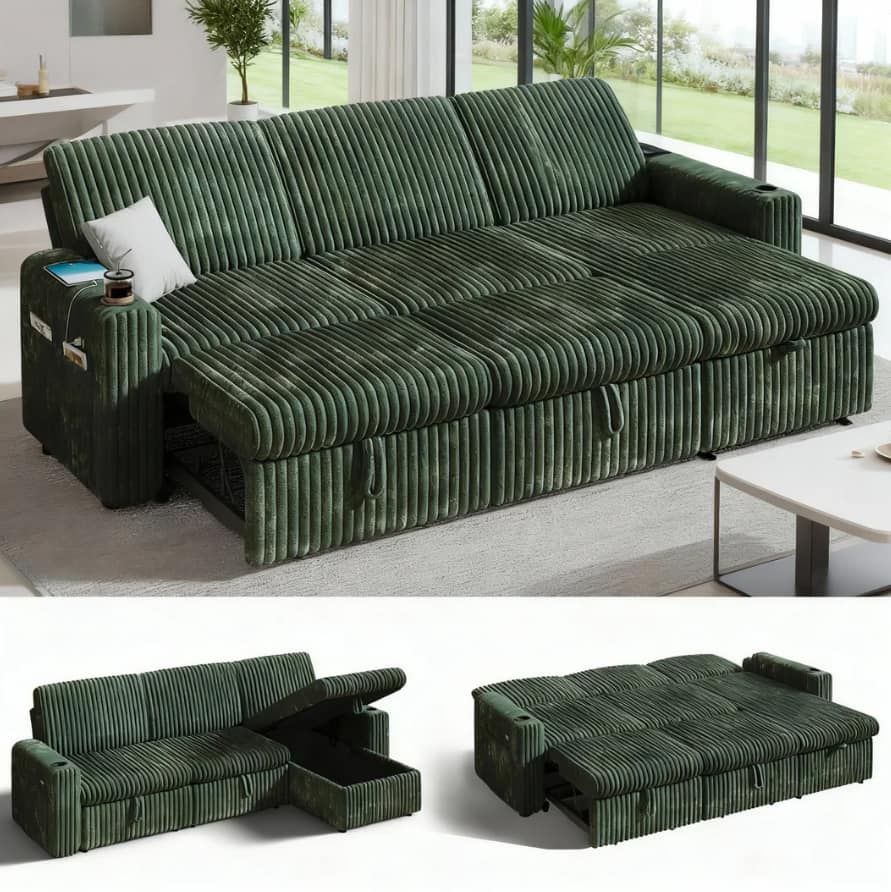 Front. Dyonery - 101" Sectional Sleeper Sofa Bed with Pull Out Bed, L Shaped Couch Sleeper Sofa with Reclining Backrest - Green.