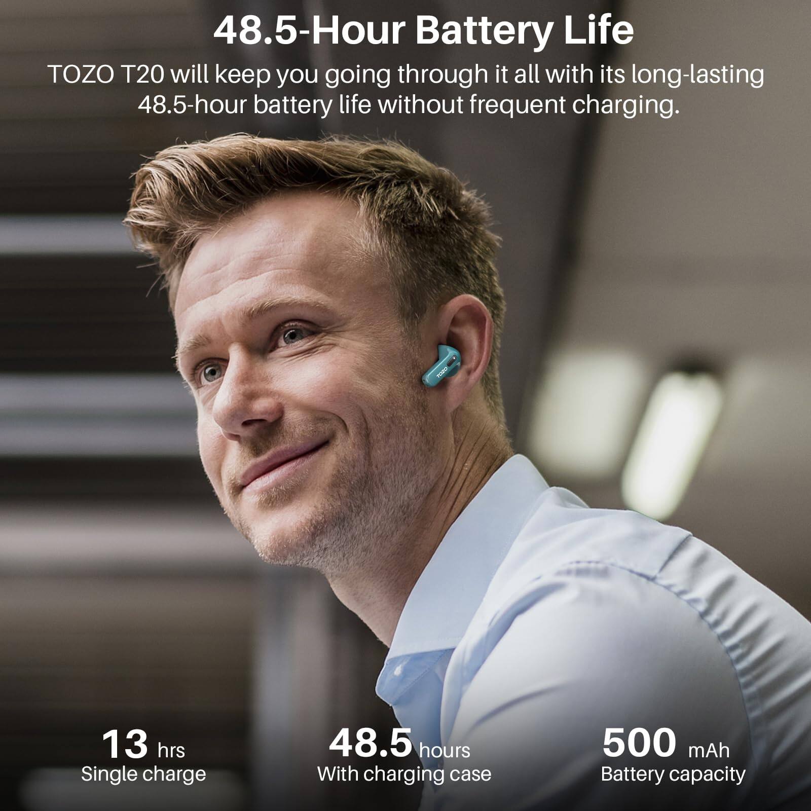 48.5-Hour Battery Life
TOZO T20 will keep you going through it all with its long-lasting 48.5-hour battery life without frequent charging.

13 hrs Single charge
48.5 hours With charging case
500 mAh Battery capacity