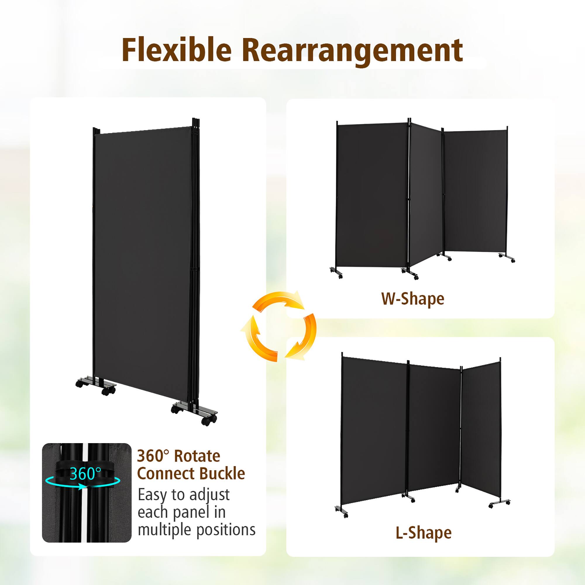 Flexible Rearrangement

W-Shape

360° Rotate Connect Buckle
Easy to adjust each panel in multiple positions

L-Shape