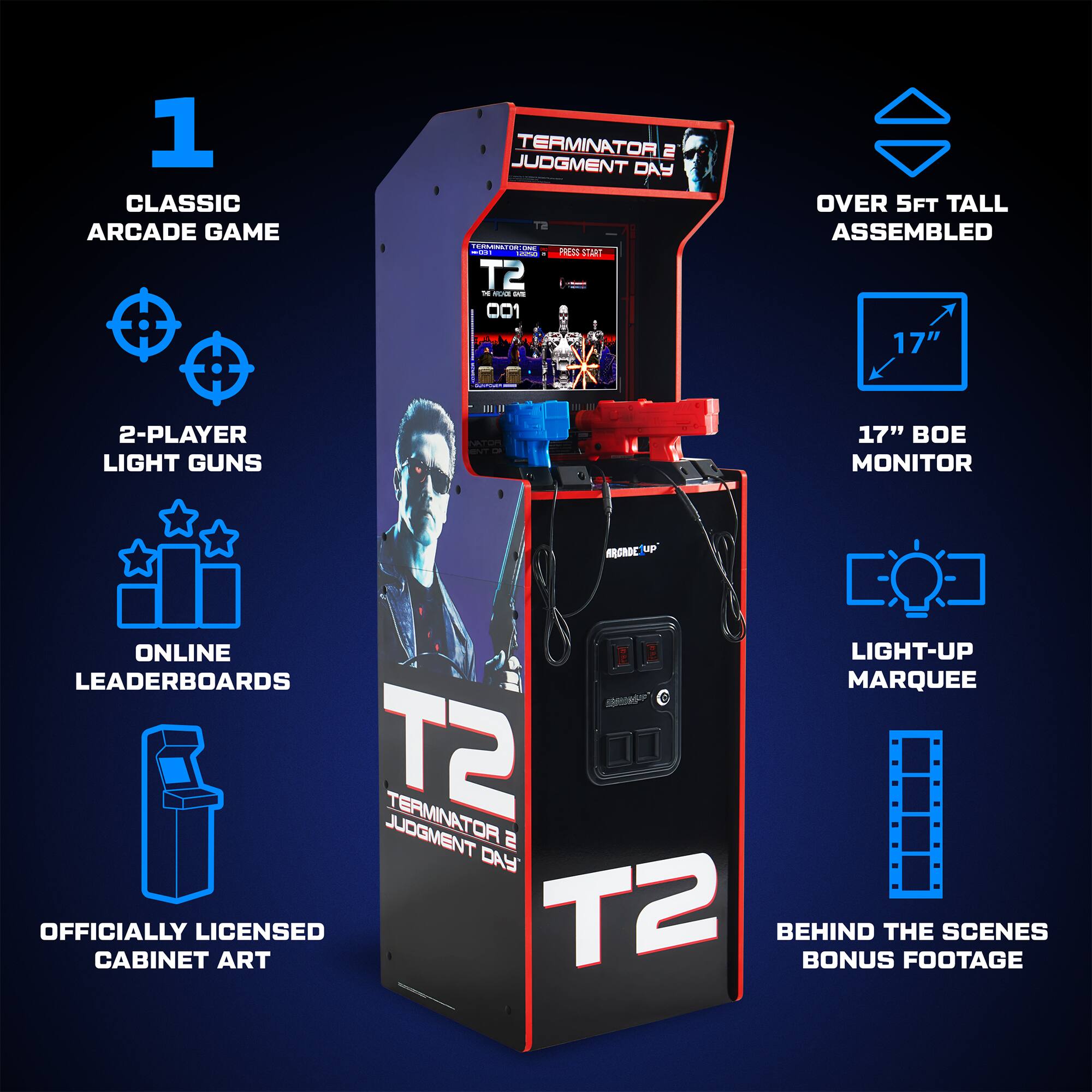 1. CLASSIC ARCADE GAME  
2. 2-PLAYER LIGHT GUNS  
3. ONLINE LEADERBOARDS  
4. OFFICIALLY LICENSED CABINET ART  
5. OVER 5FT TALL ASSEMBLED  
6. 17" BOE MONITOR  
7. LIGHT-UP MARQUEE  
8. BEHIND THE SCENES BONUS FOOTAGE