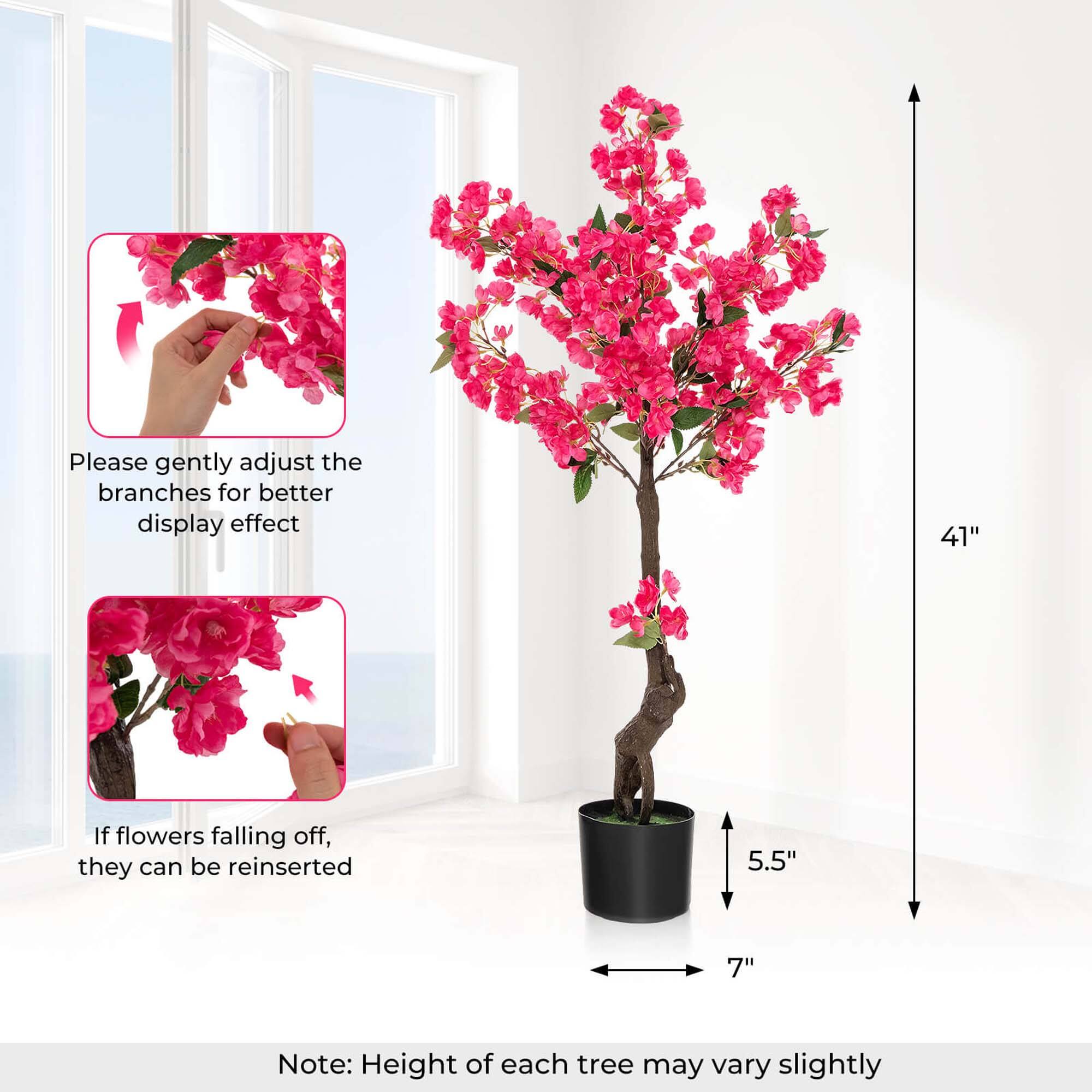 Please gently adjust the branches for better display effect. If flowers falling off, they can be reinserted. Note: Height of each tree may vary slightly. 

Dimensions:
- Height: 41"
- Pot diameter: 7"
- Pot height: 5.5"