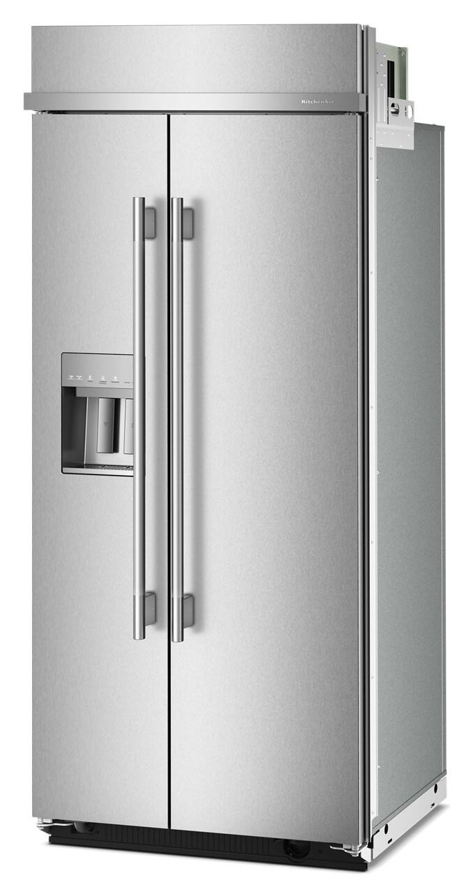 Left. KitchenAid - 20.8 Cu. Ft. Built-In Side-by-Side Refrigerator with Exterior Water and Ice Dispenser - Stainless Steel with PrintShield Finish.