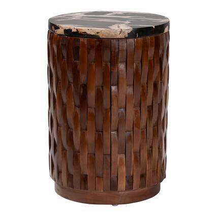 Front. bali & pari - Lavanya End Table with Petrified Wood Top - Drum Accent Side Table with Recycled Teak Wood Frame - Black/Cream/Antique Brown.