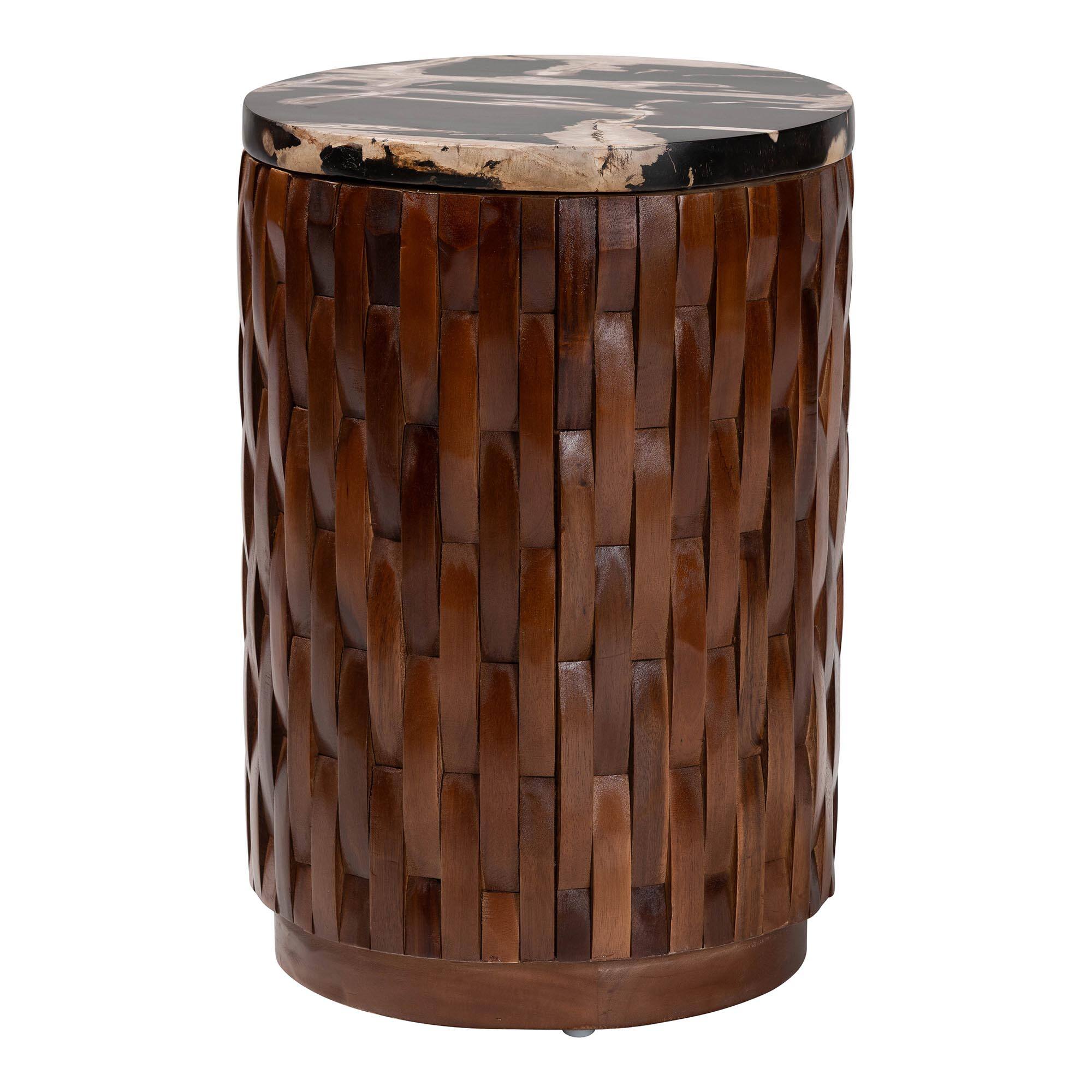 Front. bali & pari - Lavanya End Table with Petrified Wood Top - Drum Accent Side Table with Recycled Teak Wood Frame - Black/Cream/Antique Brown.