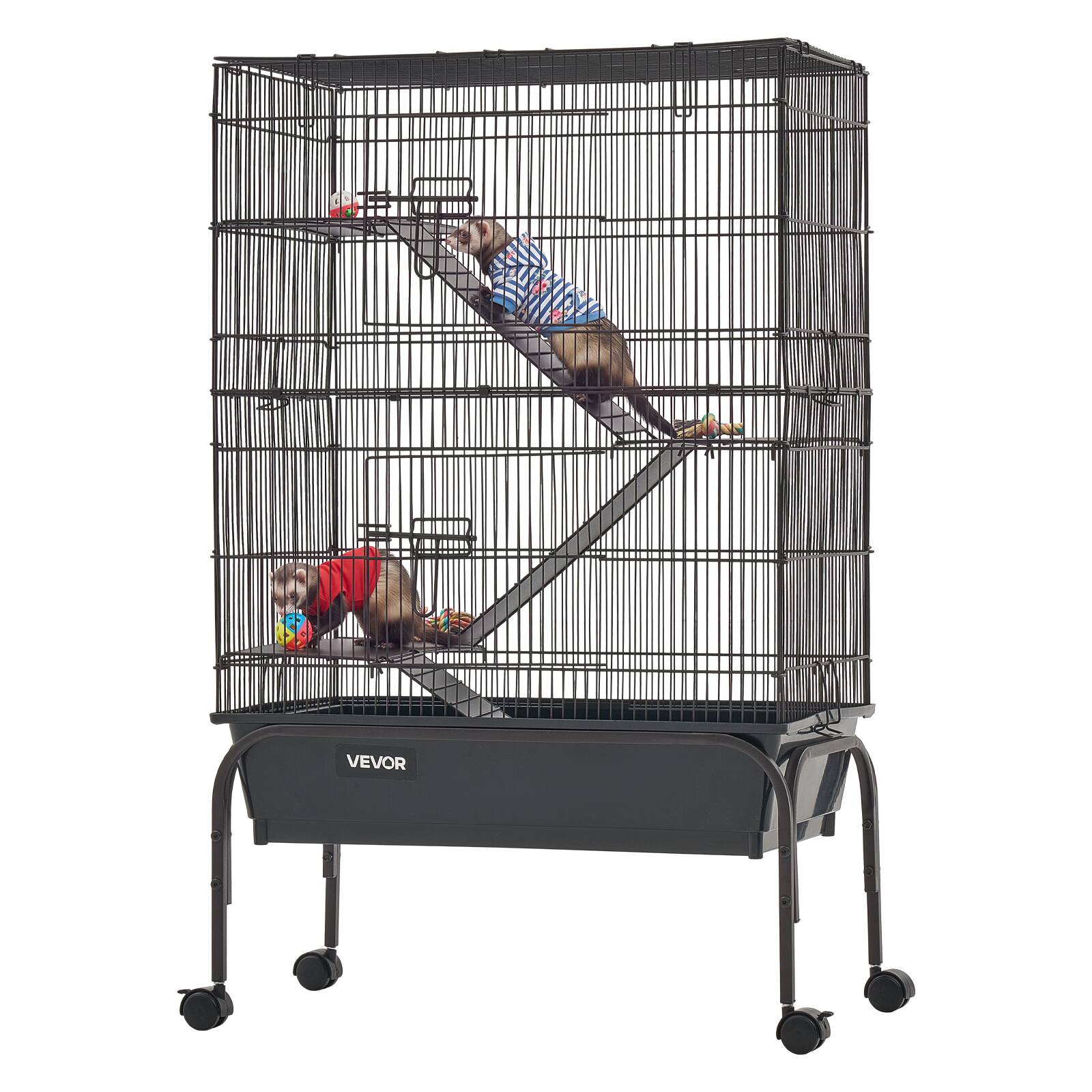 Front. VEVOR - Metal Small Animal Cage 39.8"H 3-Tier Rolling Ferret Cage On Wheels, 0.55" Wire Spacing Large Cages with Hammock, Ramps - Brown-Black Sand-Textured Finish.