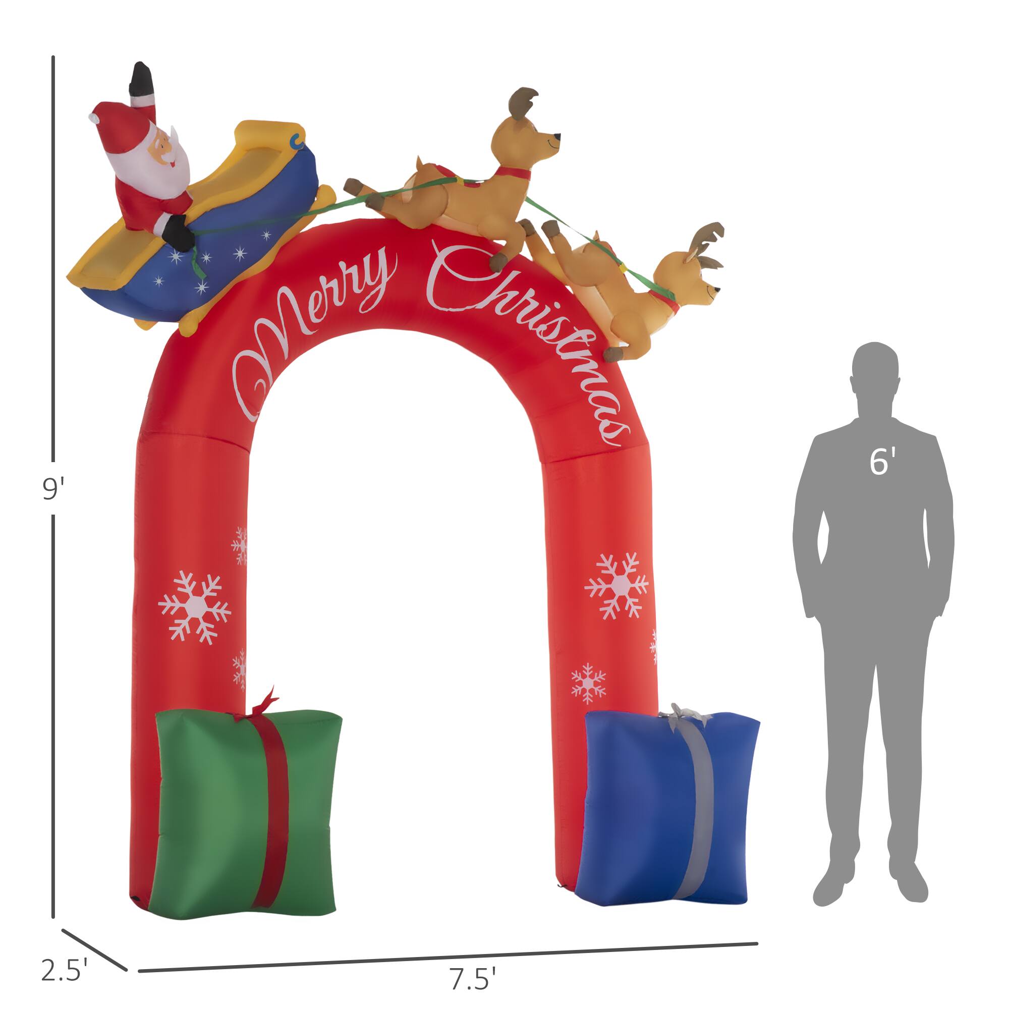 The text in the image can be grouped and corrected as follows:

- Height of the arch: 9'
- Height of the silhouette: 6'
- Width of the arch: 7.5'
- Height of the gift boxes: 2.5'