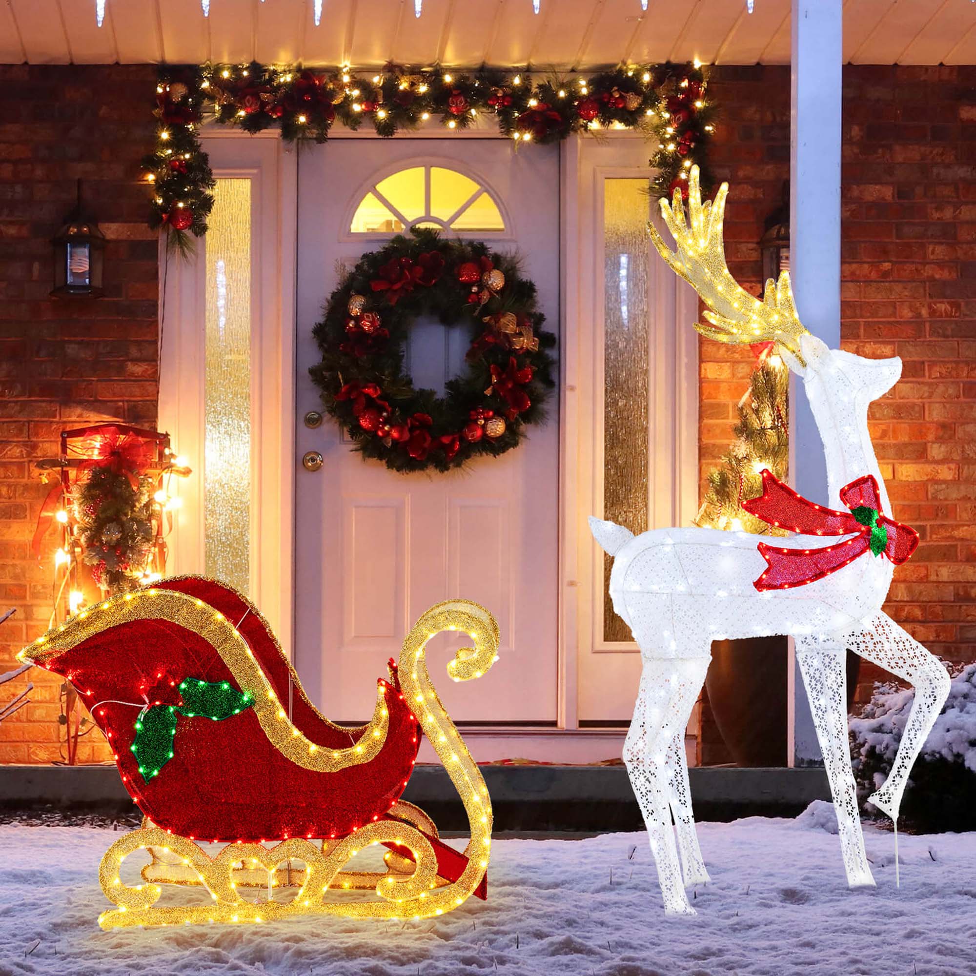 Alt View 3. Costway - Costway Lighted Christmas Reindeer & Sleigh Set Light-up Xmas Decorations with 462 LED Lights - White.