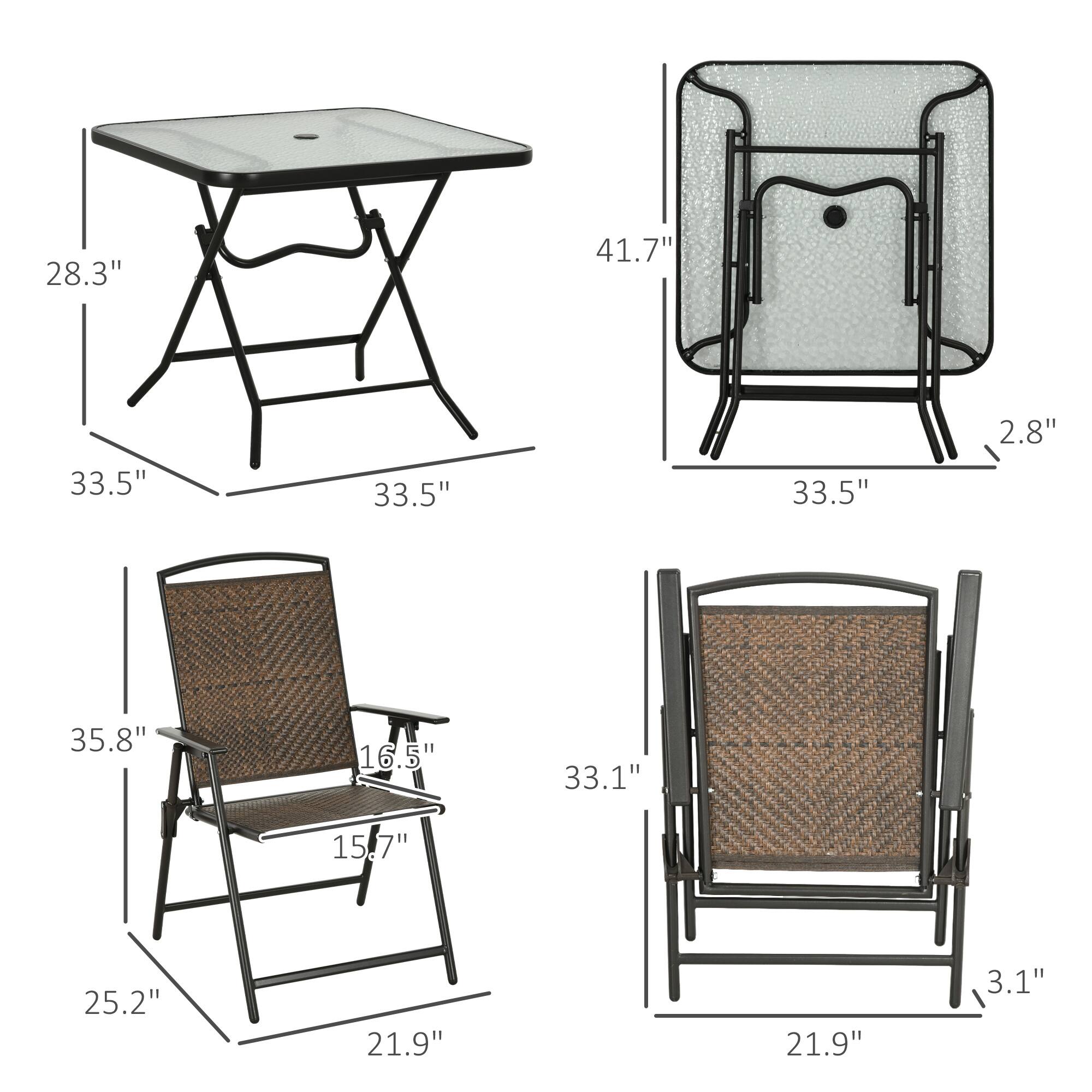 - Table: 28.3" x 33.5" x 33.5"
- Chair (Folded): 41.7" x 33.5" x 2.8"
- Chair (Unfolded): 35.8" x 16.5" x 15.7" x 25.2" x 21.9"
- Chair (Alternative): 33.1" x 21.9" x 3.1"