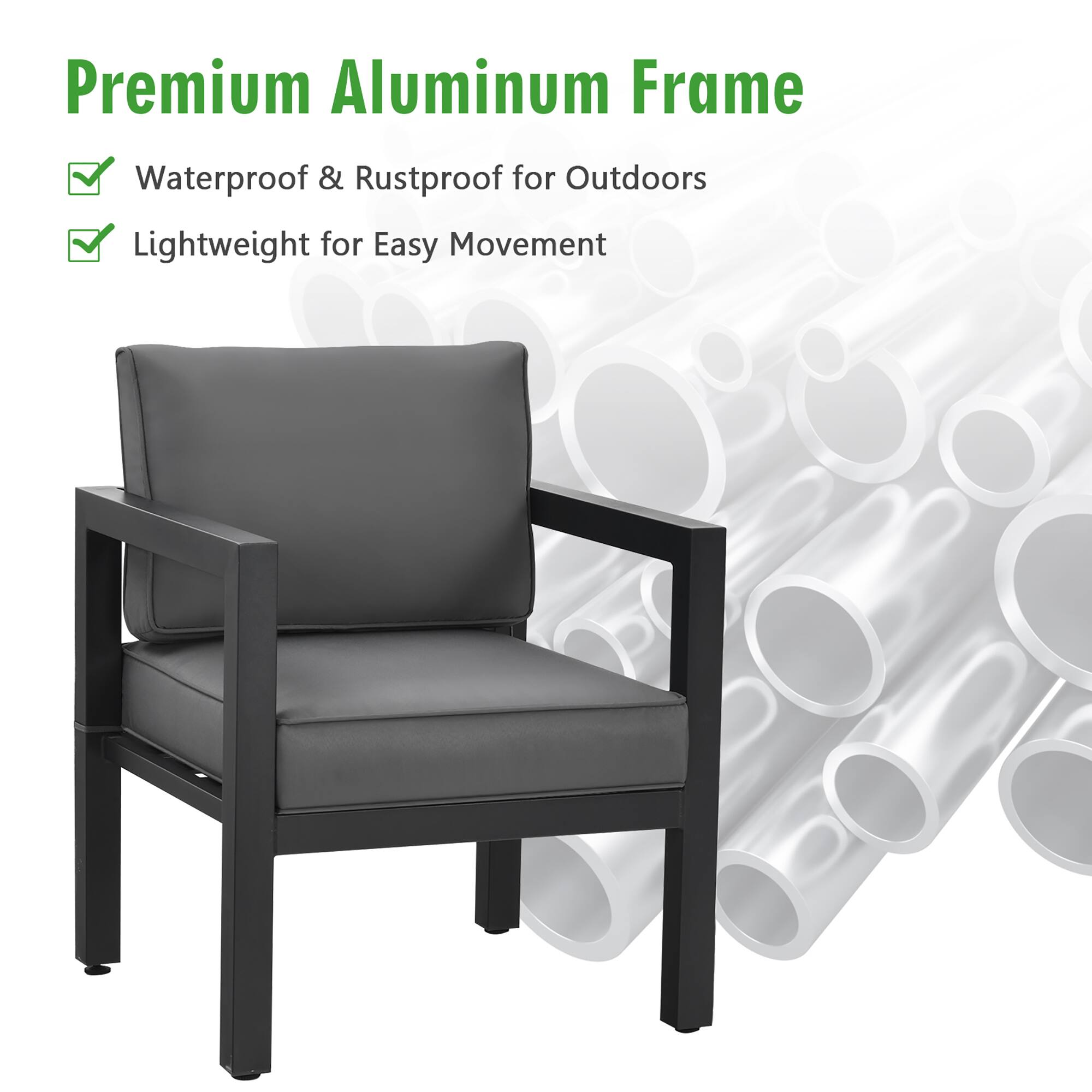 Premium Aluminum Frame

- Waterproof & Rustproof for Outdoors
- Lightweight for Easy Movement