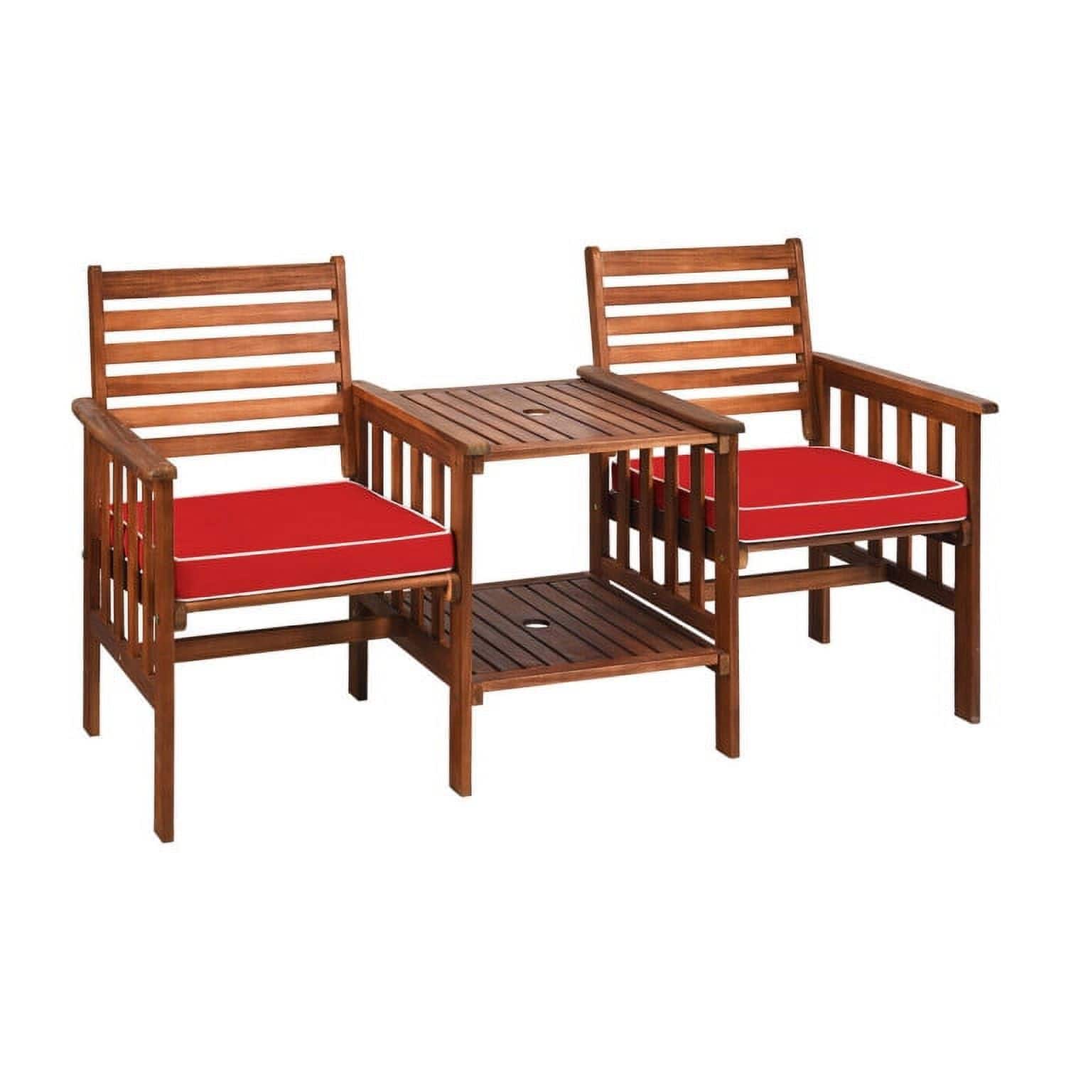Pefilos - 3-Piece 3 pcs Outdoor Patio Table Chairs Set, Outdoor Patio Rattan Conversation Bistro Set with Acacia Wood Loveseat - Red
