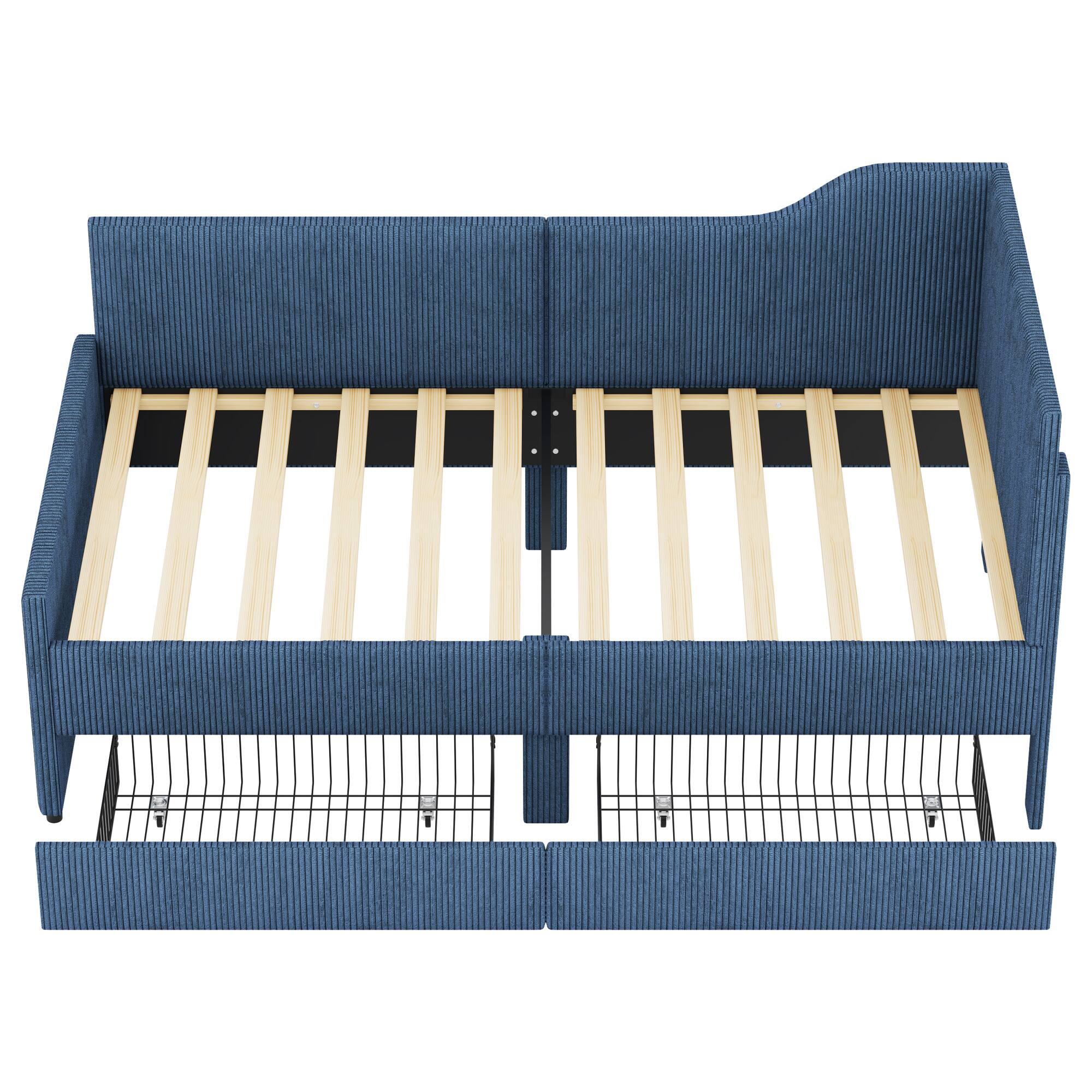 Alt View 7. GOODSILO - Twin Size L-Shaped Upholstered Daybed with Storage Drawers, Corduroy Fabric, Beige Finish - Blue.