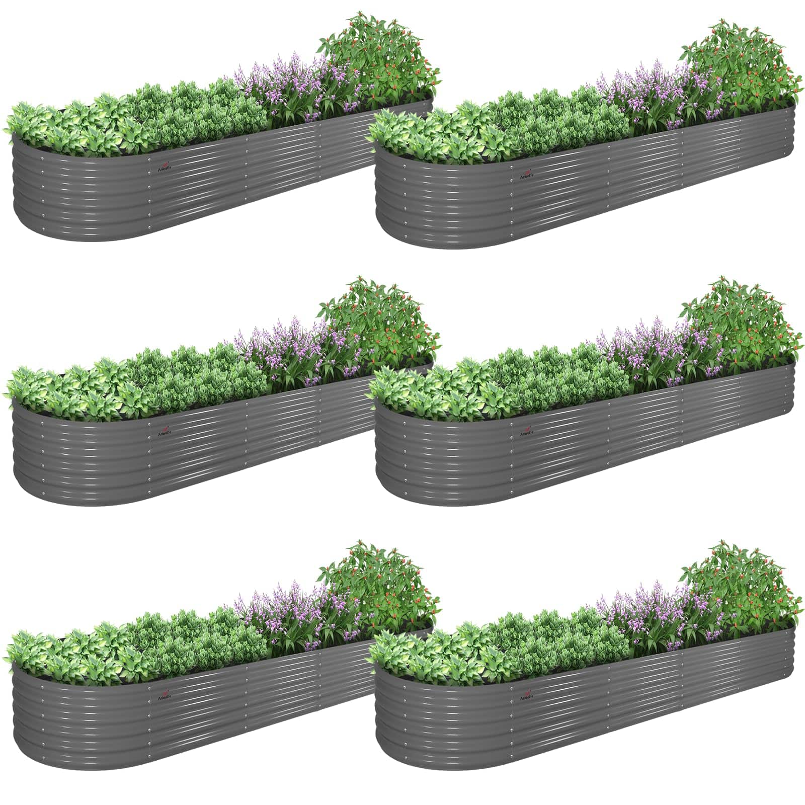 Cesicia - 6-Pack Metal Oval Large Raised Garden Bed Planter Boxes for Vegetables Flowers Herbs (144 in. L x 36 in. W x 18 in. H) - Gray