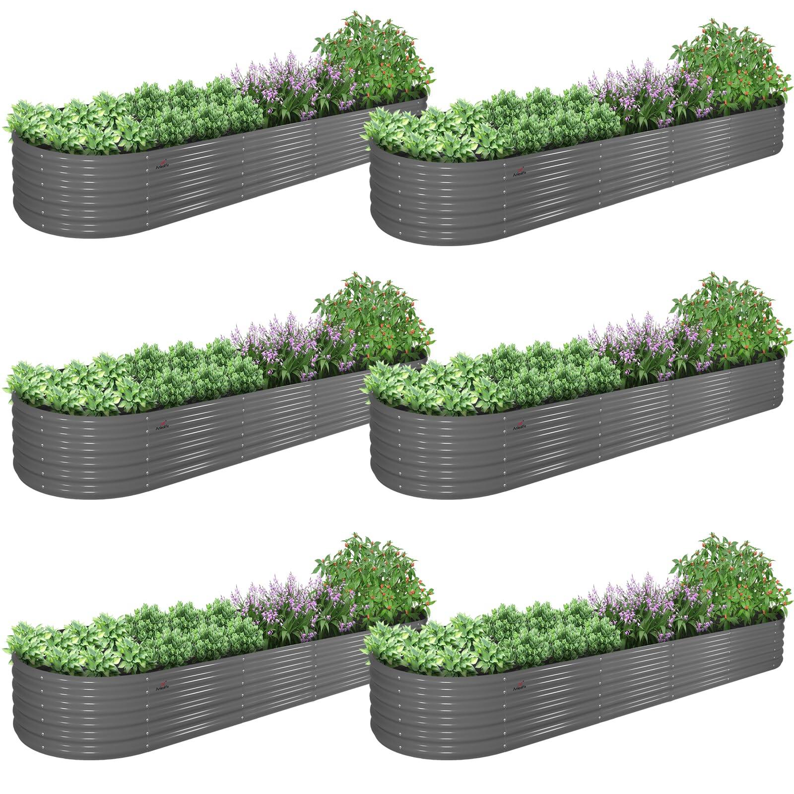Front. A Anleolife - 6-Pack Metal Oval Large Raised Garden Bed Planter Boxes for Vegetables Flowers Herbs (144 in. L x 36 in. W x 18 in. H) - Gray.