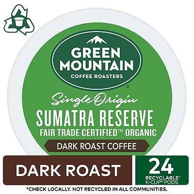 GREEN MOUNTAIN COFFEE ROASTERS  
Single Origin  
SUMATRA RESERVE  
FAIR TRADE CERTIFIED™ ORGANIC  
DARK ROAST COFFEE  

DARK ROAST  
24 RECYCLABLE* K-CUP PODS  
*CHECK LOCALLY. NOT RECYCLED IN ALL COMMUNITIES.