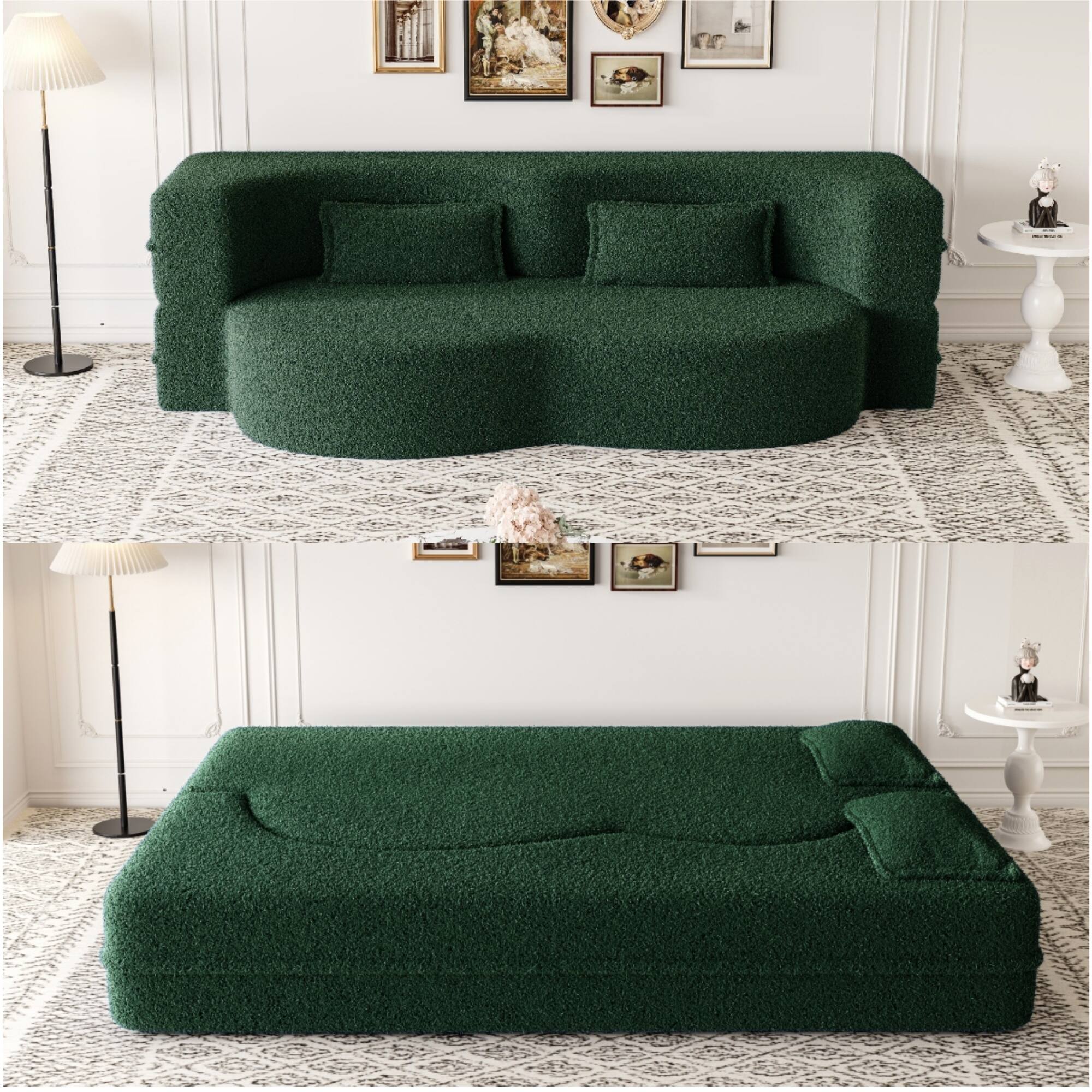 Back. Anysun - Modern Floor Sofa with 2 Pillows - Convertible Teddy Fabric Sleeper Bed, 15" Full Size Mattress, No Assembly Required - Green.