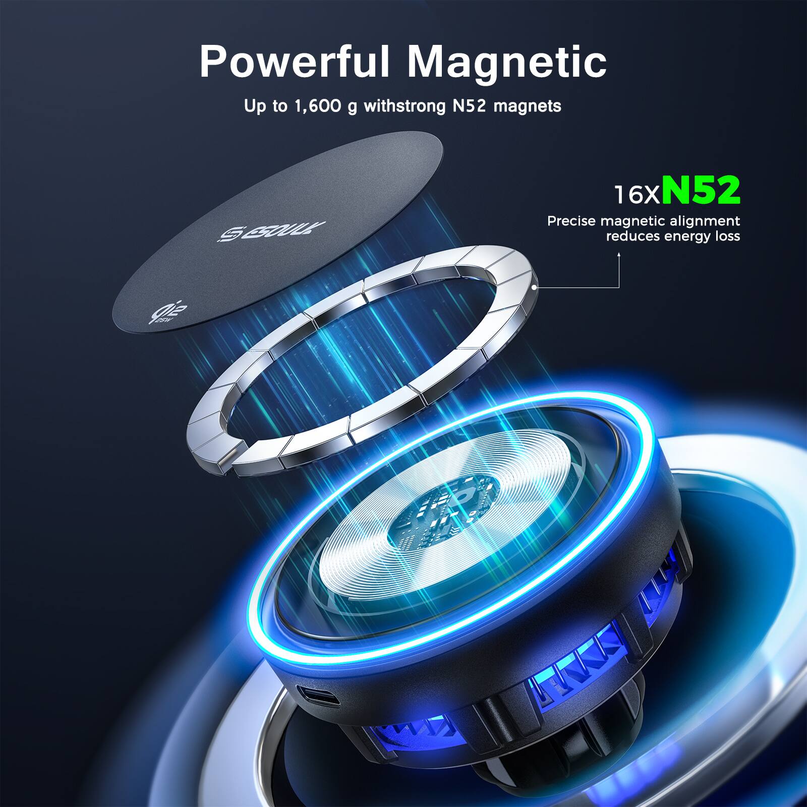Powerful Magnetic  
Up to 1,600 g with strong N52 magnets  

16xN52  
Precise magnetic alignment reduces energy loss