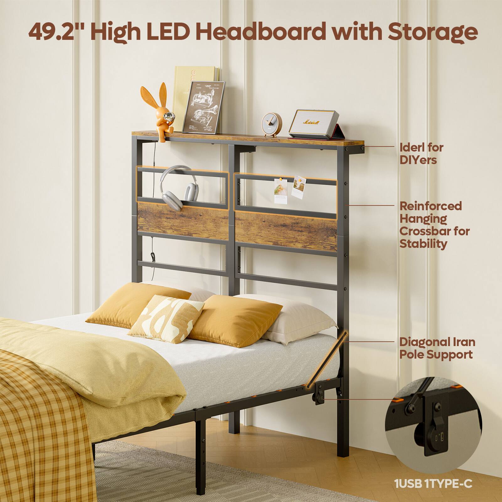 49.2" High LED Headboard with Storage, Lod Iderl for DIYers, Reinforced Hanging Crossbar for Stability, Diagonal Iran Pole Support, 1USB 1TYPE-C