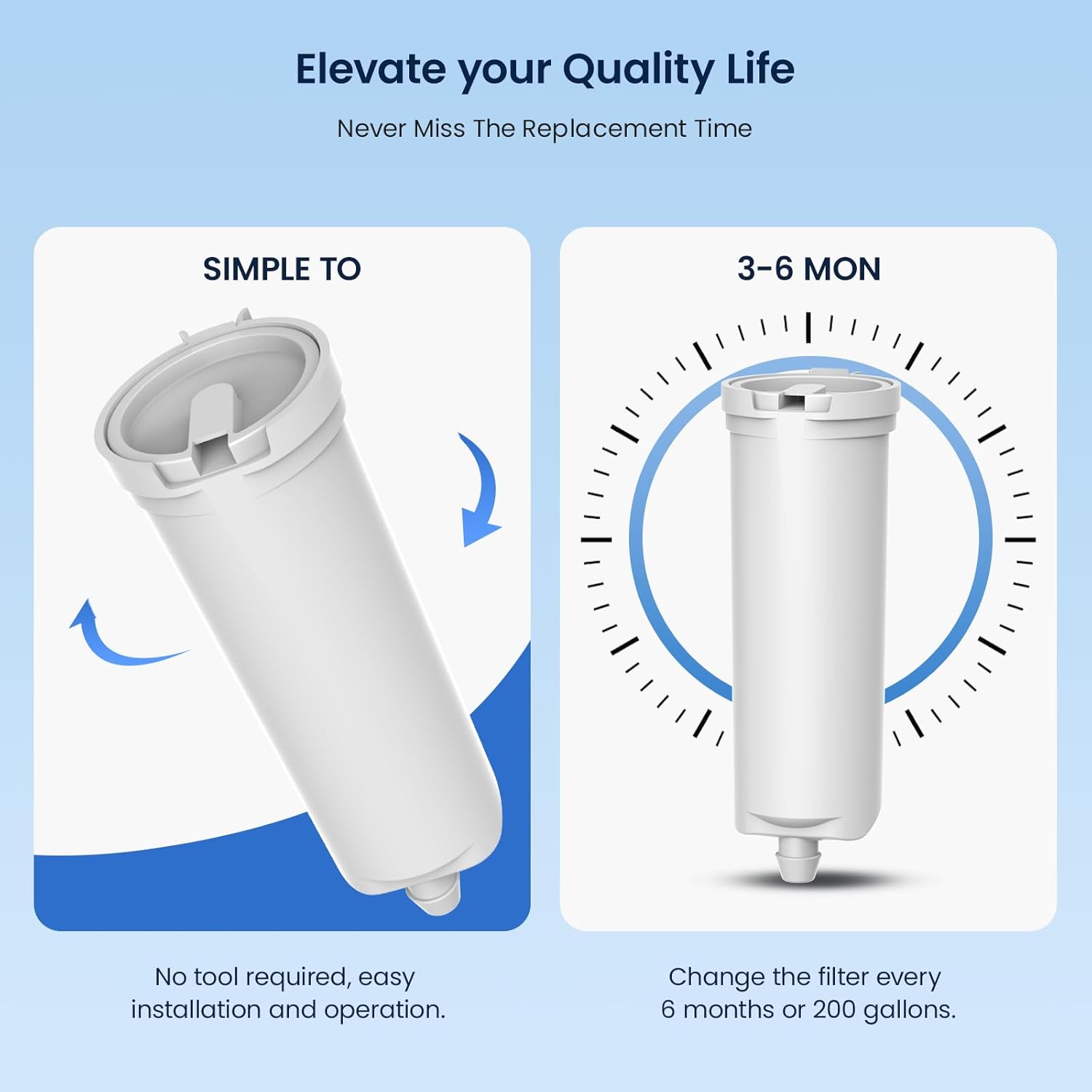 Elevate your Quality Life  
Never Miss The Replacement Time  

SIMPLE TO  
No tool required, easy installation and operation.  

3-6 MON  
Change the filter every 6 months or 200 gallons.