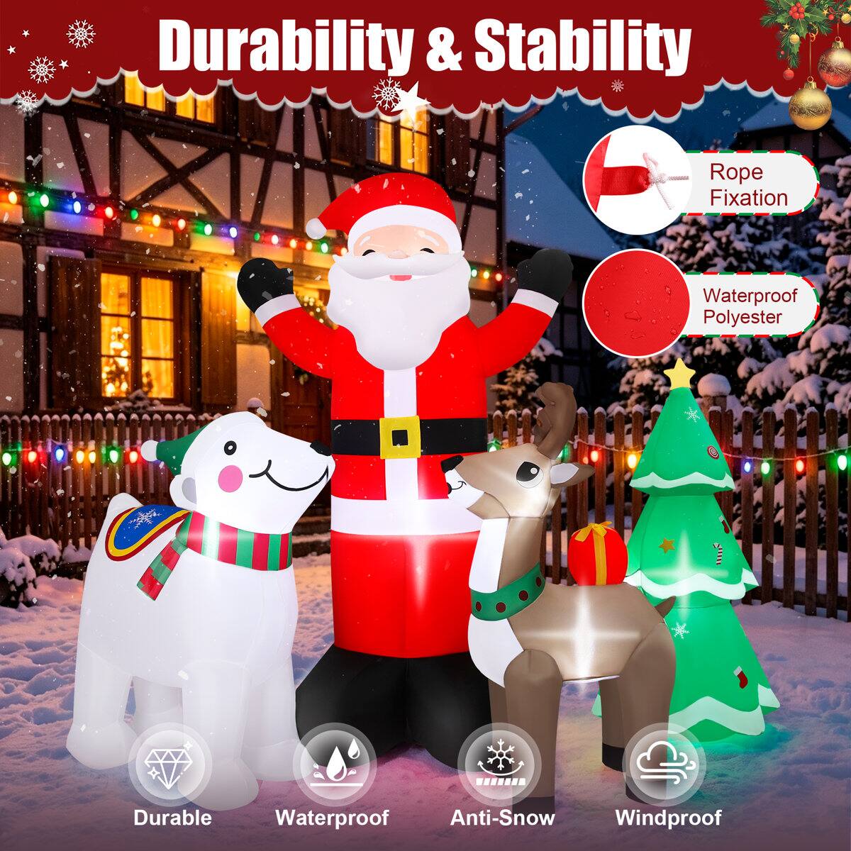 Durability & Stability

- Rope Fixation
- Waterproof Polyester
- Durable
- Waterproof
- Anti-Snow
- Windproof