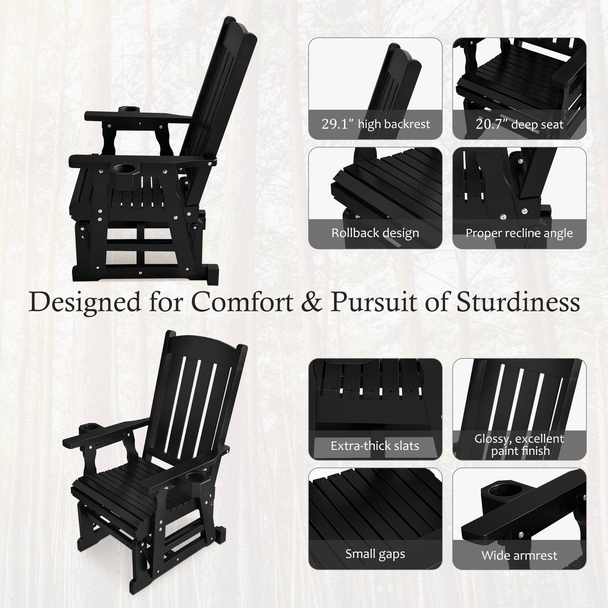 29.1" high backrest  
20.7" deep seat  
Rollback design  
Proper recline angle  
Designed for Comfort & Pursuit of Sturdiness  
Extra-thick slats  
Glossy, excellent paint finish  
Small gaps  
Wide armrest