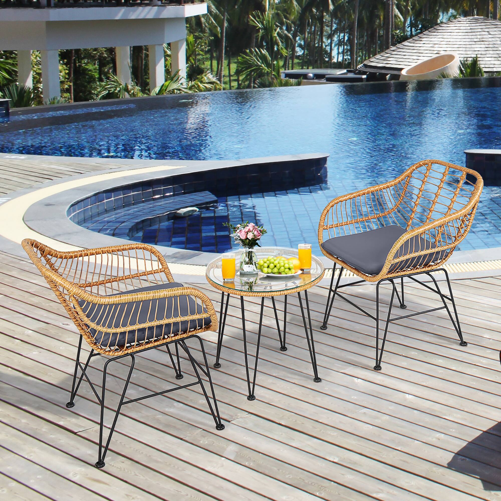 Alt View 3. Costway - Costway 3PCS Patio Rattan Bistro Furniture Set Cushioned Chair Table - Gray.