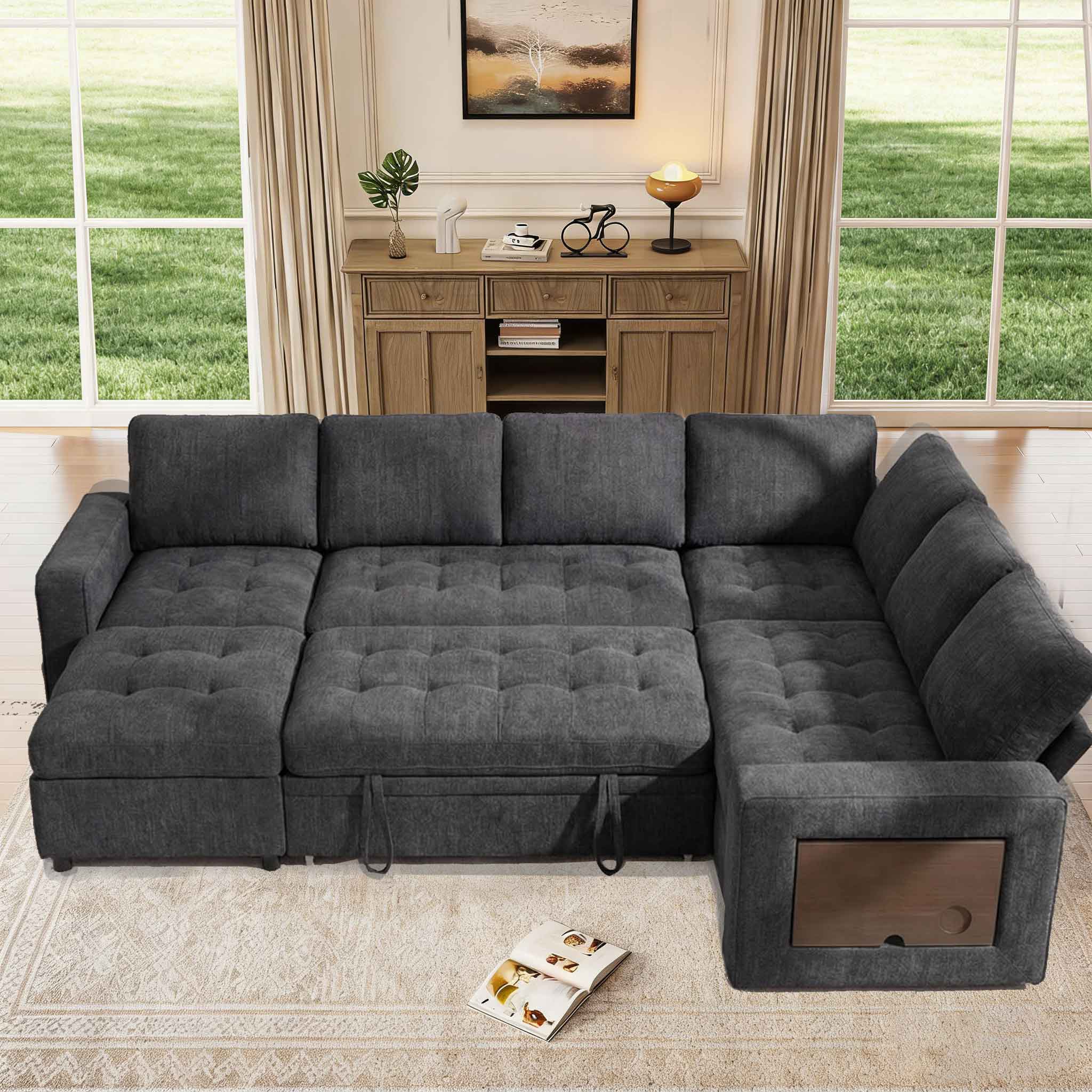 Front. Dyonery - Dyonery 7-Seat Modular Sectional Sleeper Sofa with Pull-Out Bed, Reclining Backrest, USB Ports, Table, LED Lights,Gray - Gray.