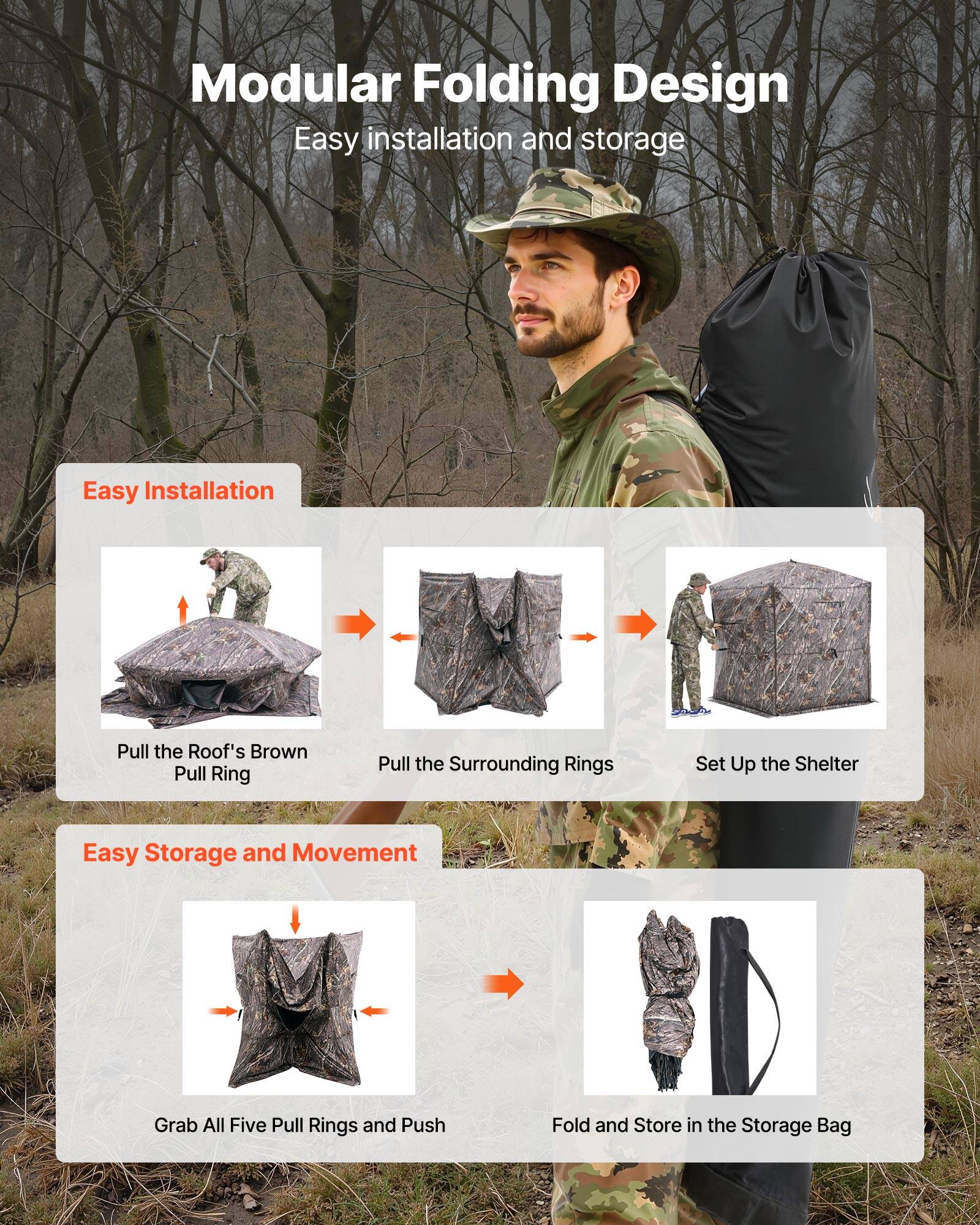 Modular Folding Design  
Easy installation and storage  

**Easy Installation**  
- Pull the Roof's Brown Pull Ring  
- Pull the Surrounding Rings  
- Set Up the Shelter  

**Easy Storage and Movement**  
- Grab All Five Pull Rings and Push  
- Fold and Store in the Storage Bag