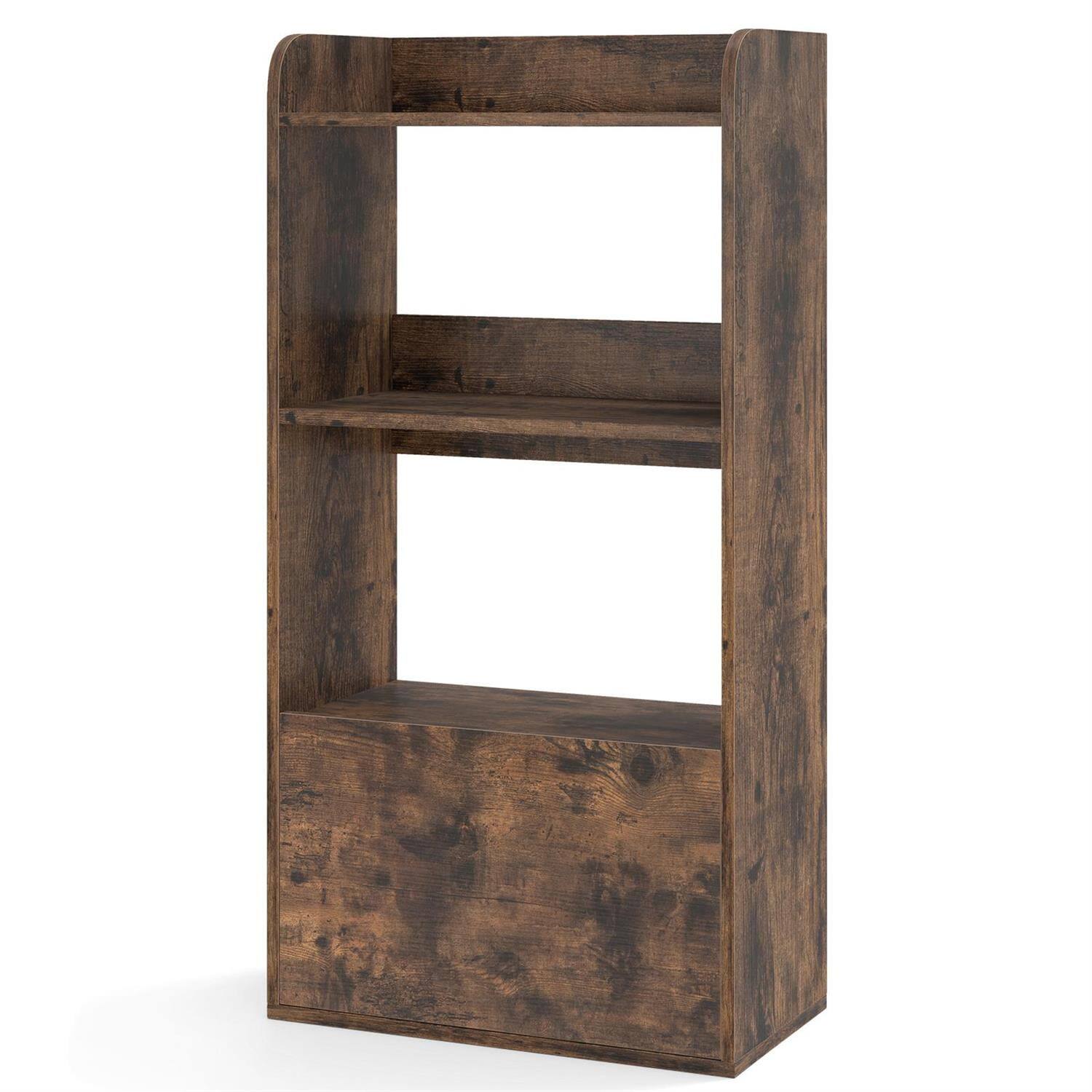 Back. Pefilos - Freestanding 3-Tier Open Bookshelf - Reinforced Structure Drawer Storage, Home Organizer, Rustic Brown - Brown.
