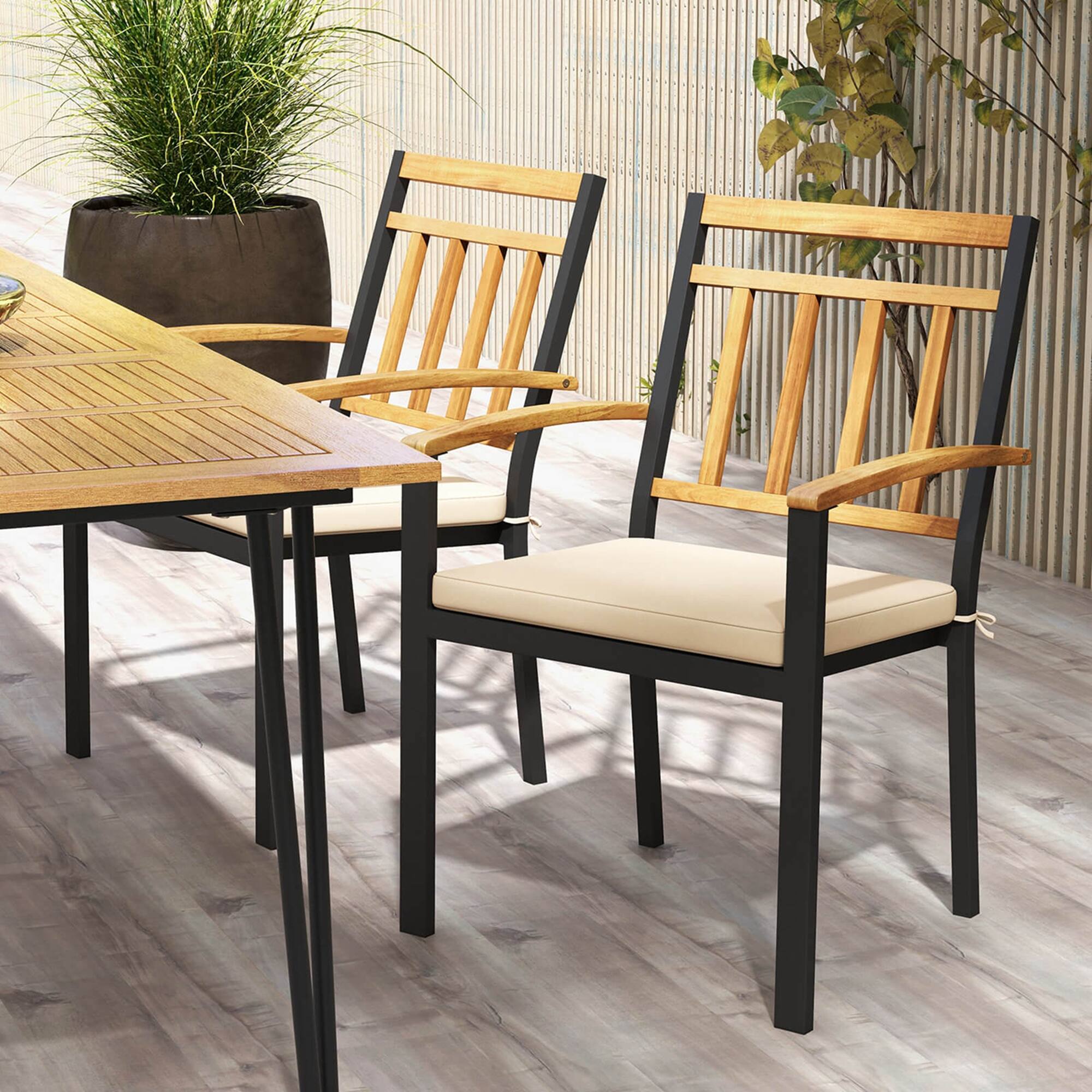 Angle. Costway - Patio Dining Chairs Set of 2 Metal Outdoor Chairs with Removable Padded Cushions - Black + Natural.