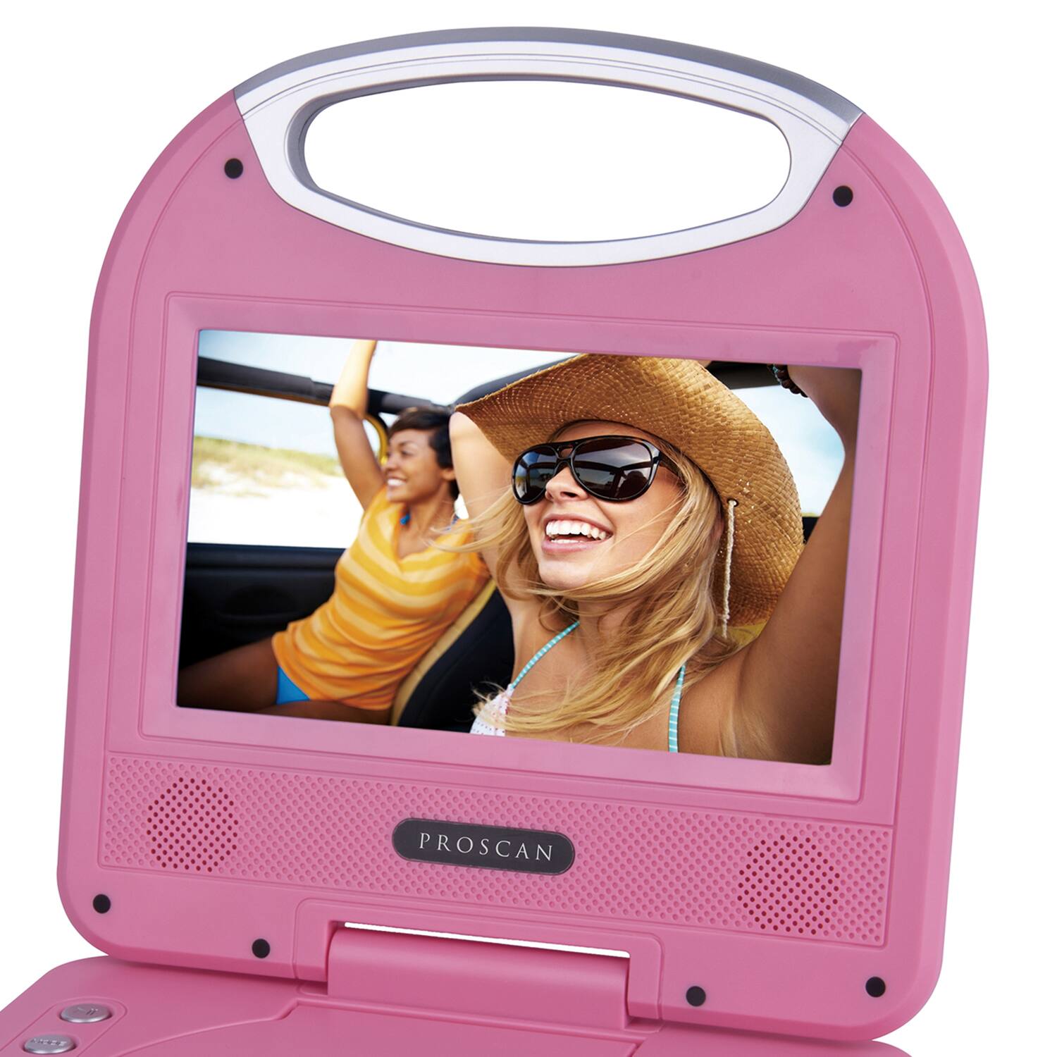 Angle. Proscan - 480p Portable DVD Player, 7" Tilting Widescreen, Built-in Speakers, 2.5 Hr Rechargeable Battery, Handle, Earbuds, Remote - Pink.